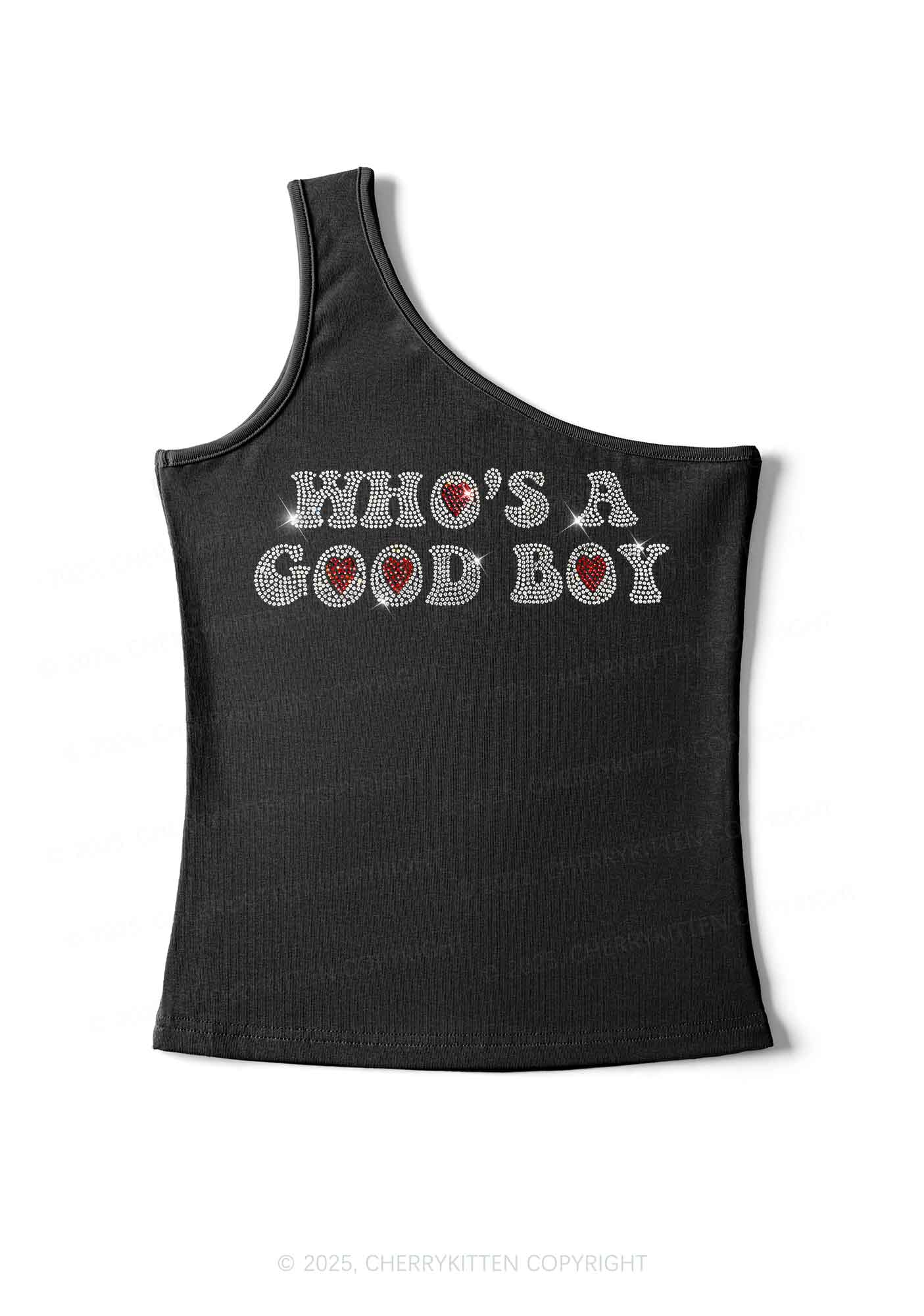 Rhinestone Whos A Good Boy Y2K One Shoulder Tank Top Cherrykitten