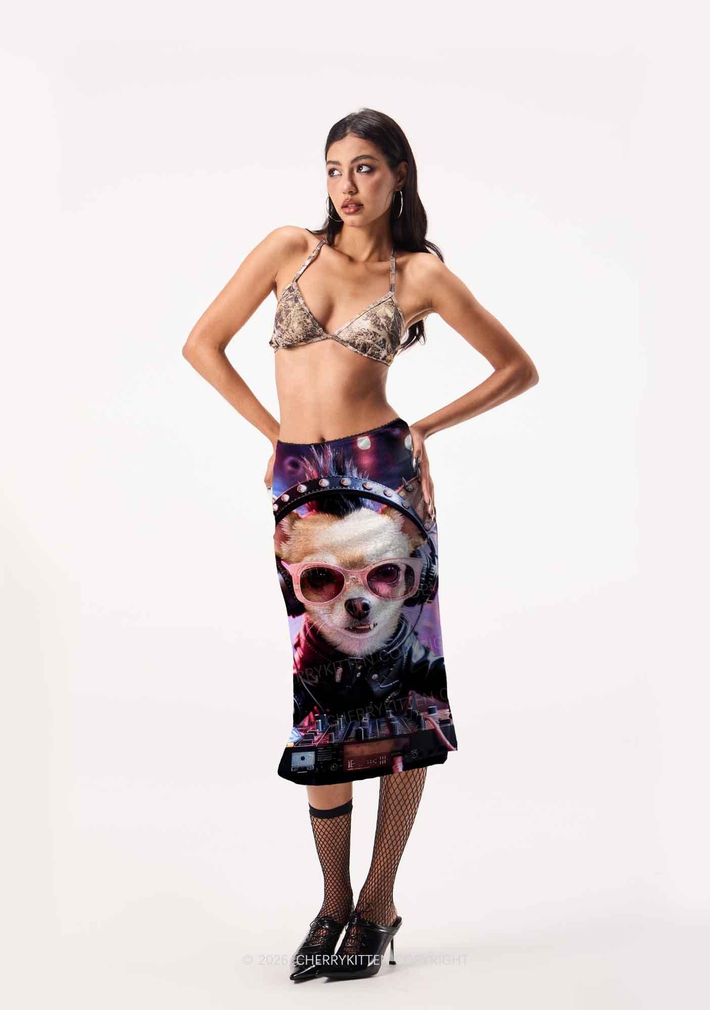 Punk DJ Chihuahua Y2K Print Midi Skirt Cherrykitten