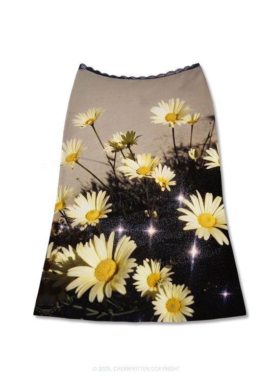 Yellow Daisy Y2K Print Midi Skirt Cherrykitten