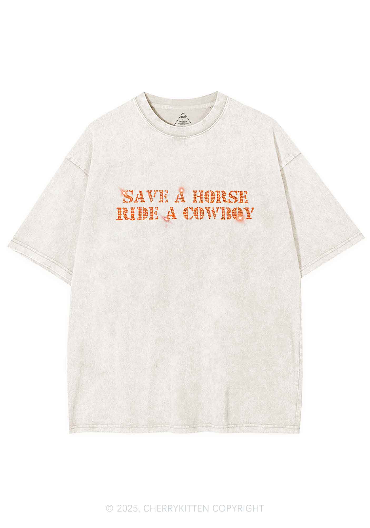 Rhinestone Save A Horse Ride A Cowboy Y2K Shirts Washed Tee Cherrykitten