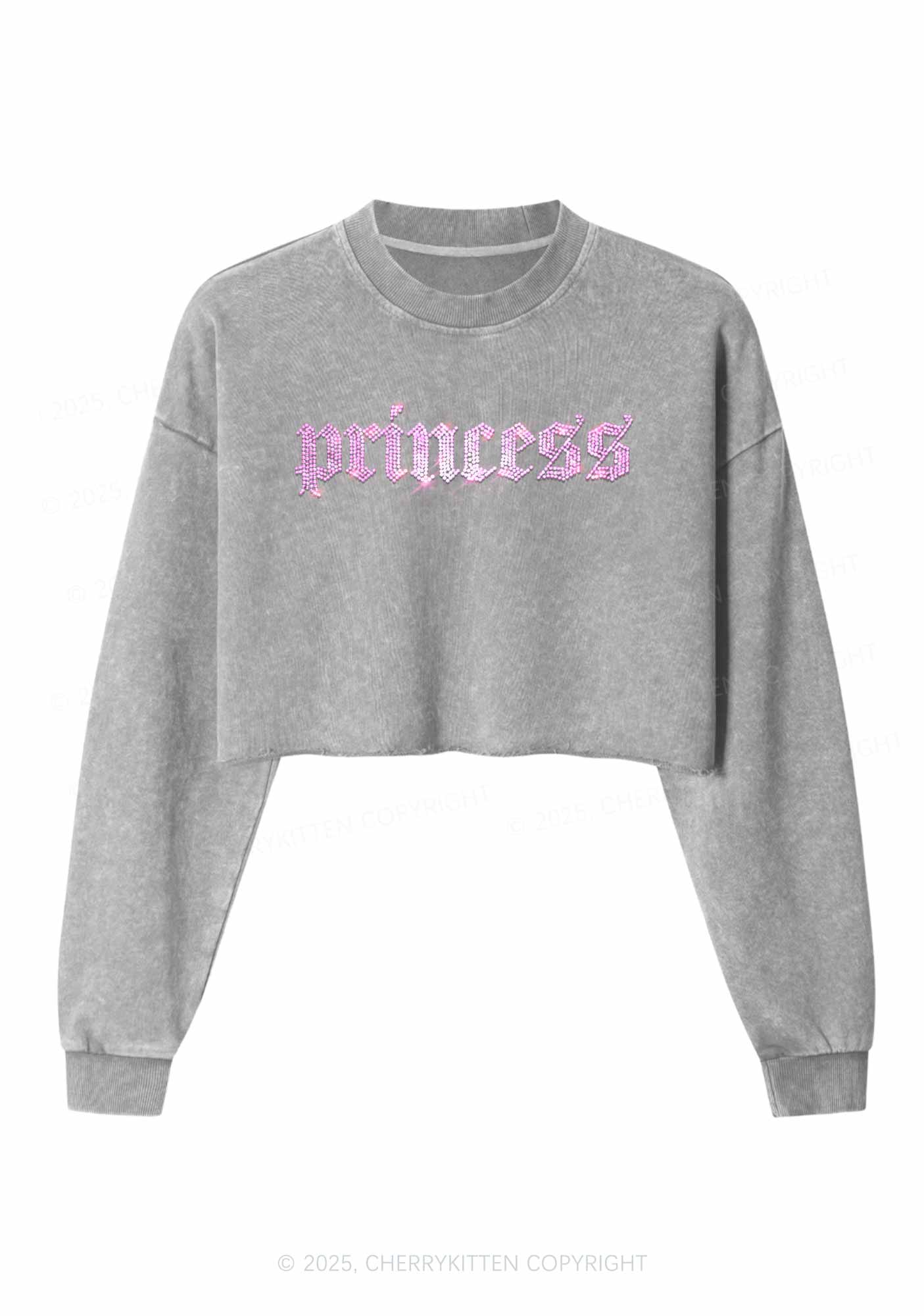 Rhinestone Princess Y2K Crop Washed Sweatshirts Cherrykitten