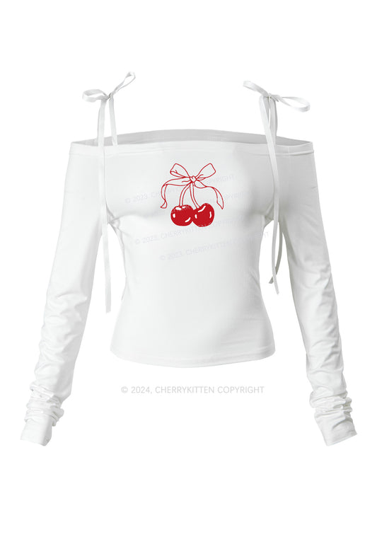 Bow Cherry Y2K Lace Up Off Shoulder Long Sleeve Cherrykitten