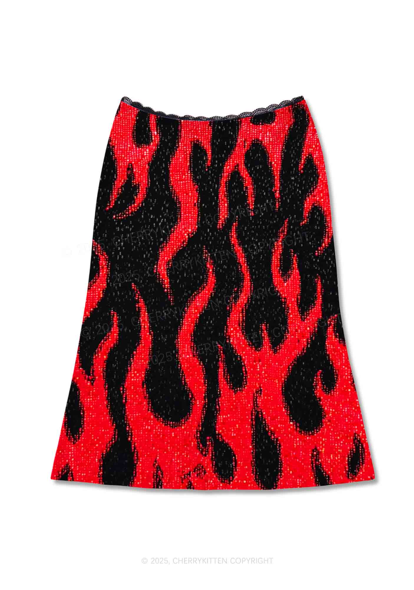 Glitter Flame Y2K Print Midi Skirt Cherrykitten