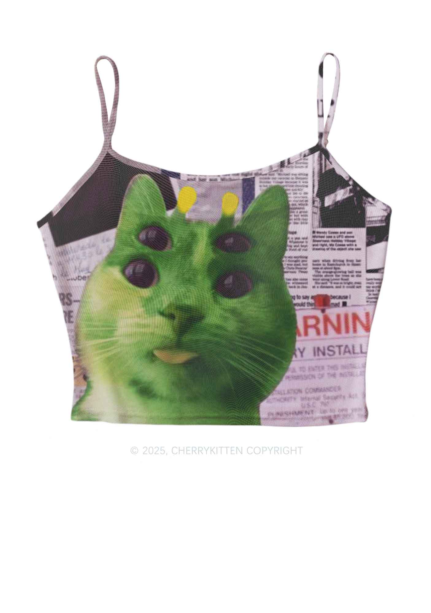 Green Alien Kitten Y2K Mesh Cami Tank Cherrykitten
