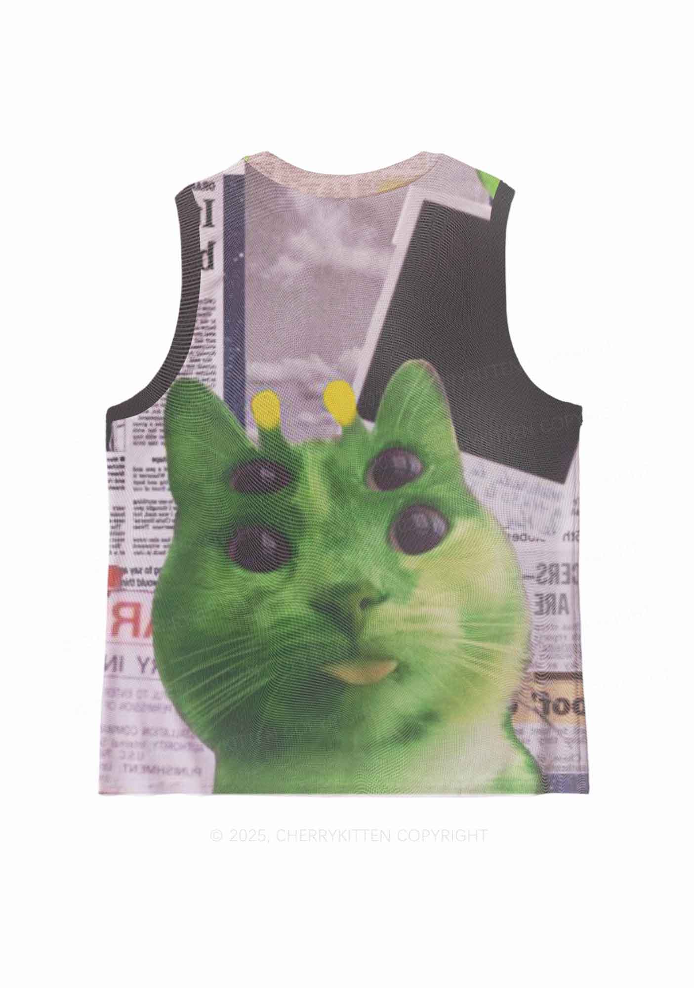 Green Alien Kitten Y2K Mesh Muscle Tank Cherrykitten