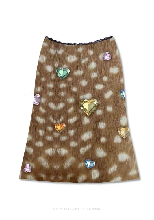 Leopard With Gems Y2K Print Midi Skirt Cherrykitten