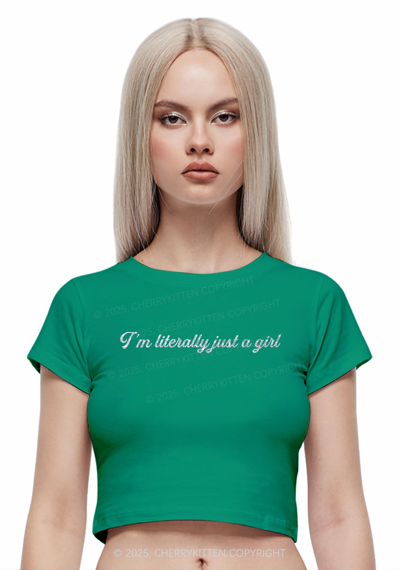 Glitter Literally Just A Girl Y2K Baby Tee Cherrykitten