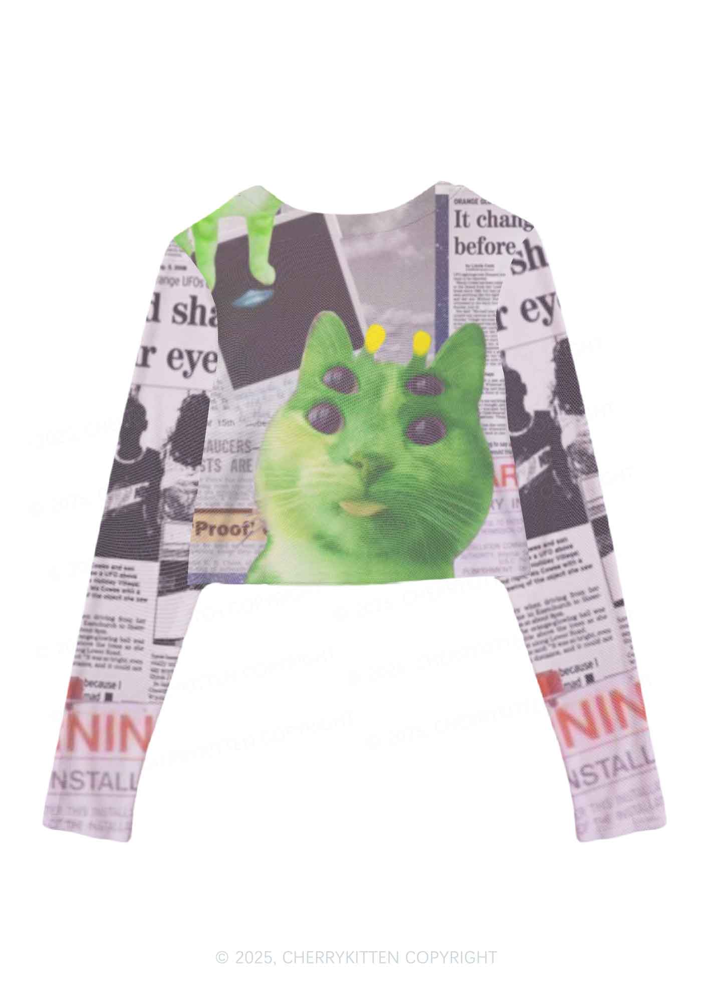 Green Alien Kitten Y2K Mesh Long Sleeve Crop Top Cherrykitten