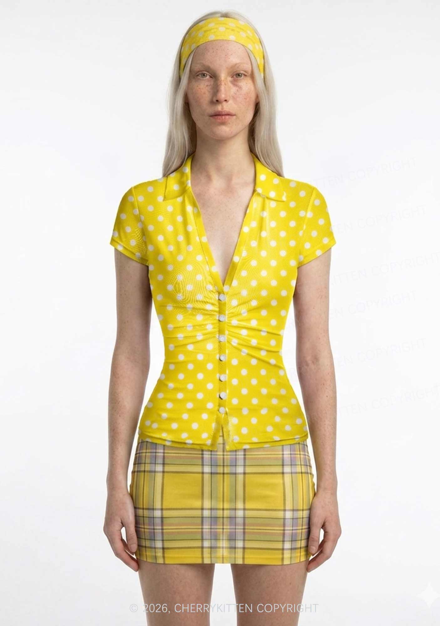 White Dots On Yellow Y2K Mesh Ruched Waist V Neck Top Cherrykitten