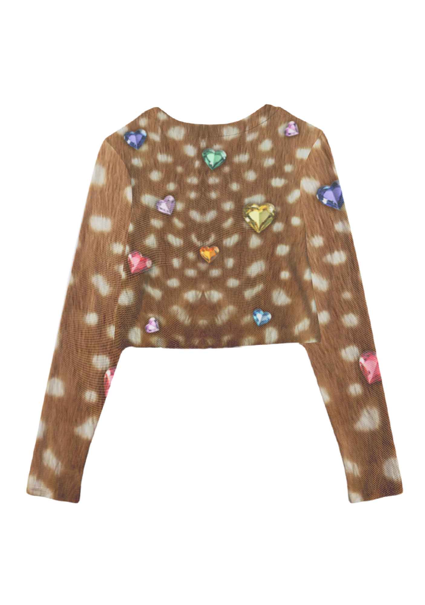 Leopard With Gems Y2K Mesh Long Sleeve Crop Top Cherrykitten
