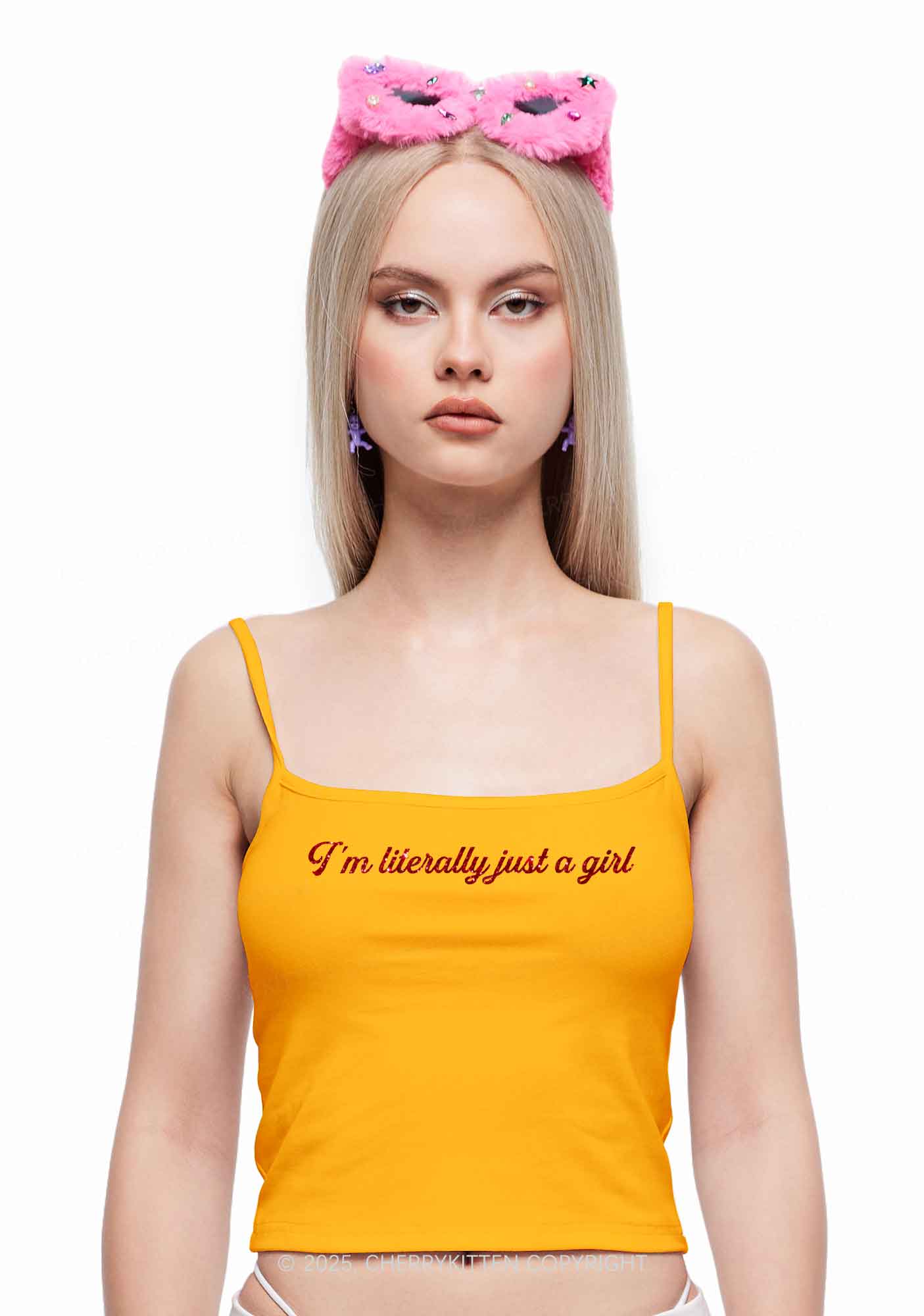 Glitter Literally Just A Girl Y2K Spaghetti Strap Cami Cherrykitten