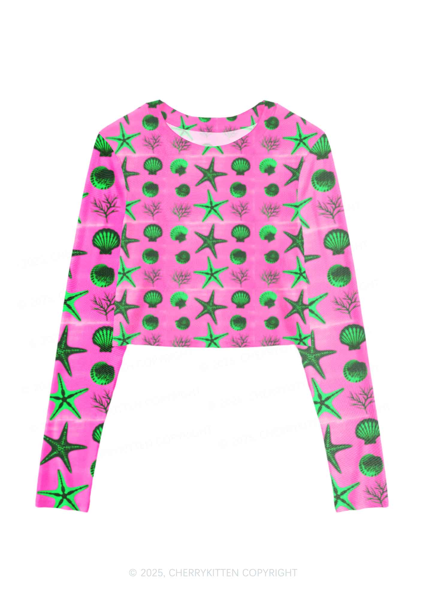 Sea Animals Y2K Mesh Long Sleeve Crop Top Cherrykitten