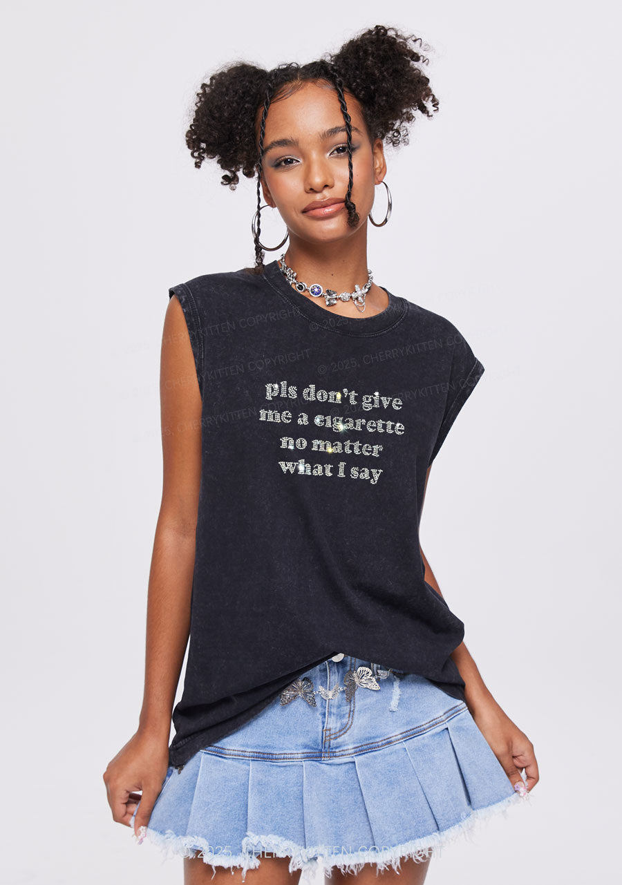 Rhinestone Dont Give Me Cigarette Y2K Washed Muscle Tank Cherrykitten