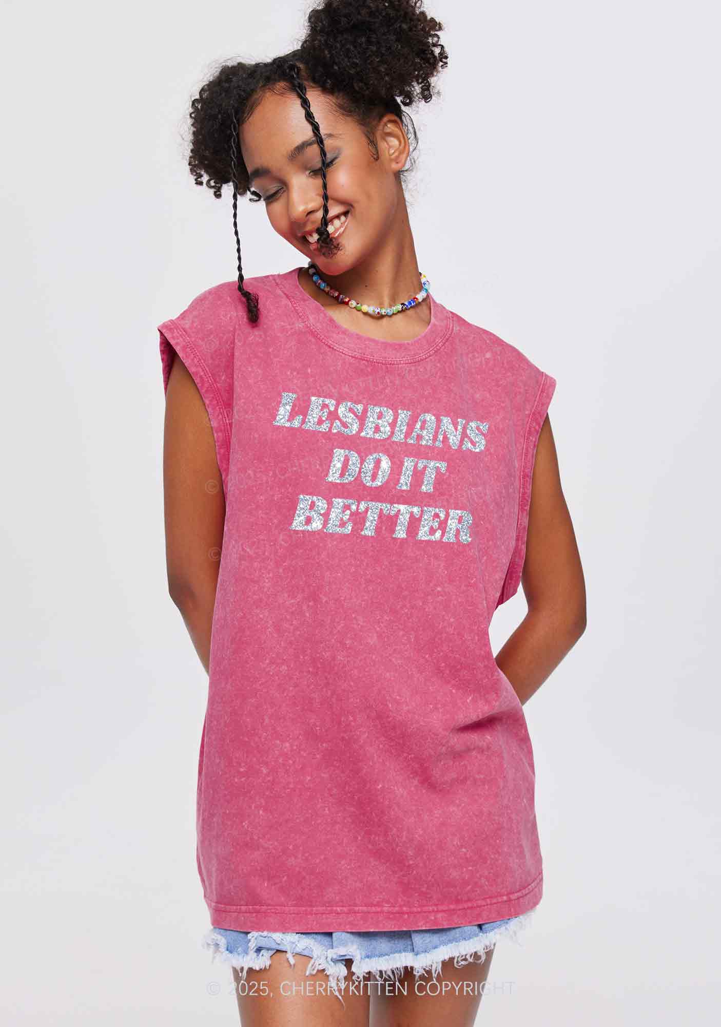 Glitter Lesbians Do It Better Pride Y2K Washed Muscle Tank Cherrykitten