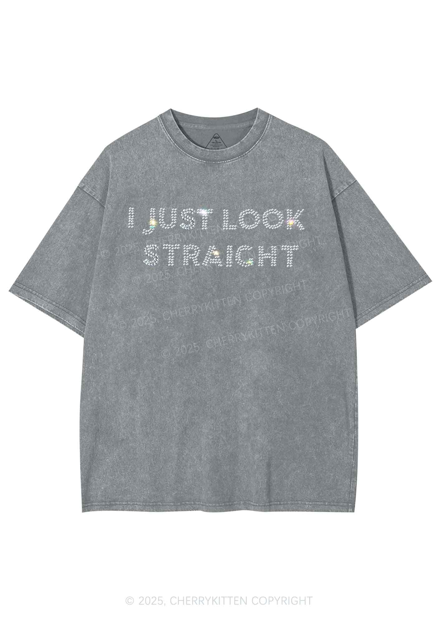 Rhinestone I Just Look Straight Pride Y2K Shirts Washed Tee Cherrykitten