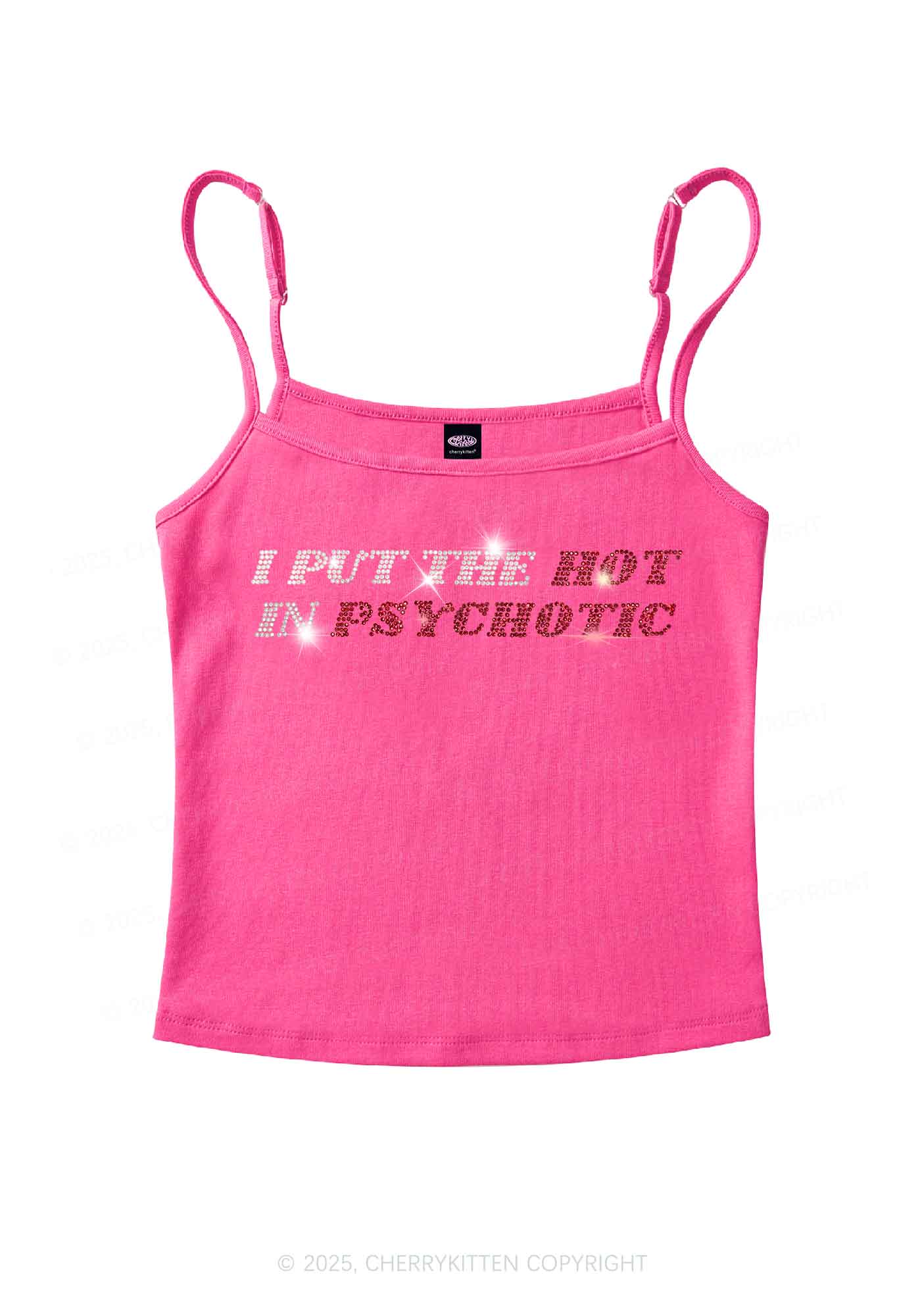 Rhinestone I Put The Hot In Psychotic Y2K Spaghetti Strap Cami Cherrykitten