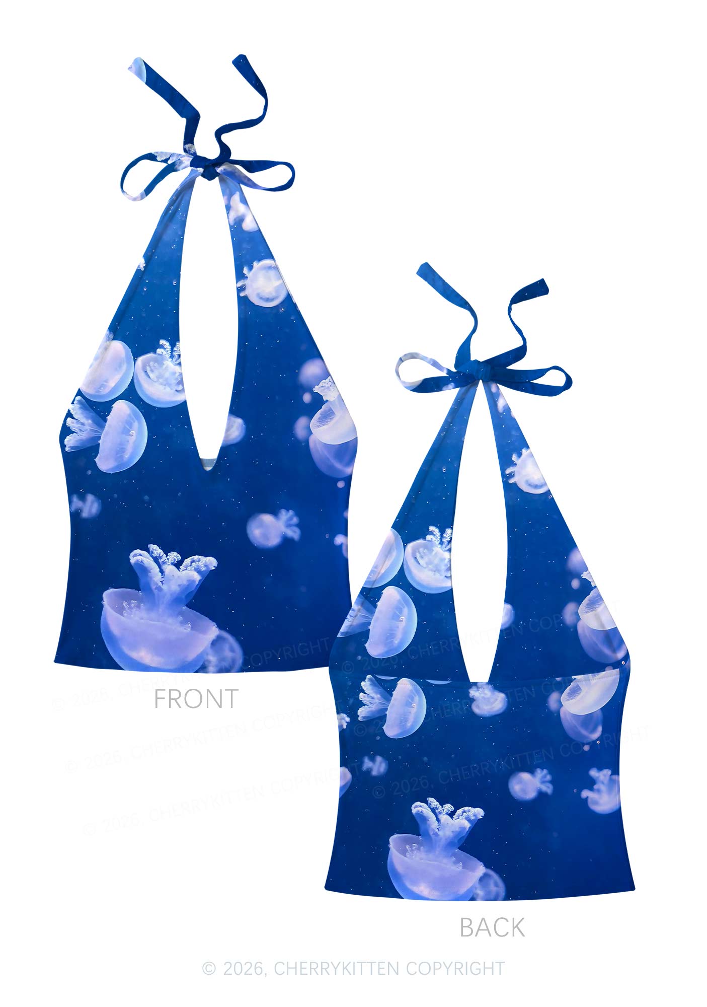 Deep Sea White Jellyfish Y2K Print Halter Deep V Neck Cami Cherrykitten