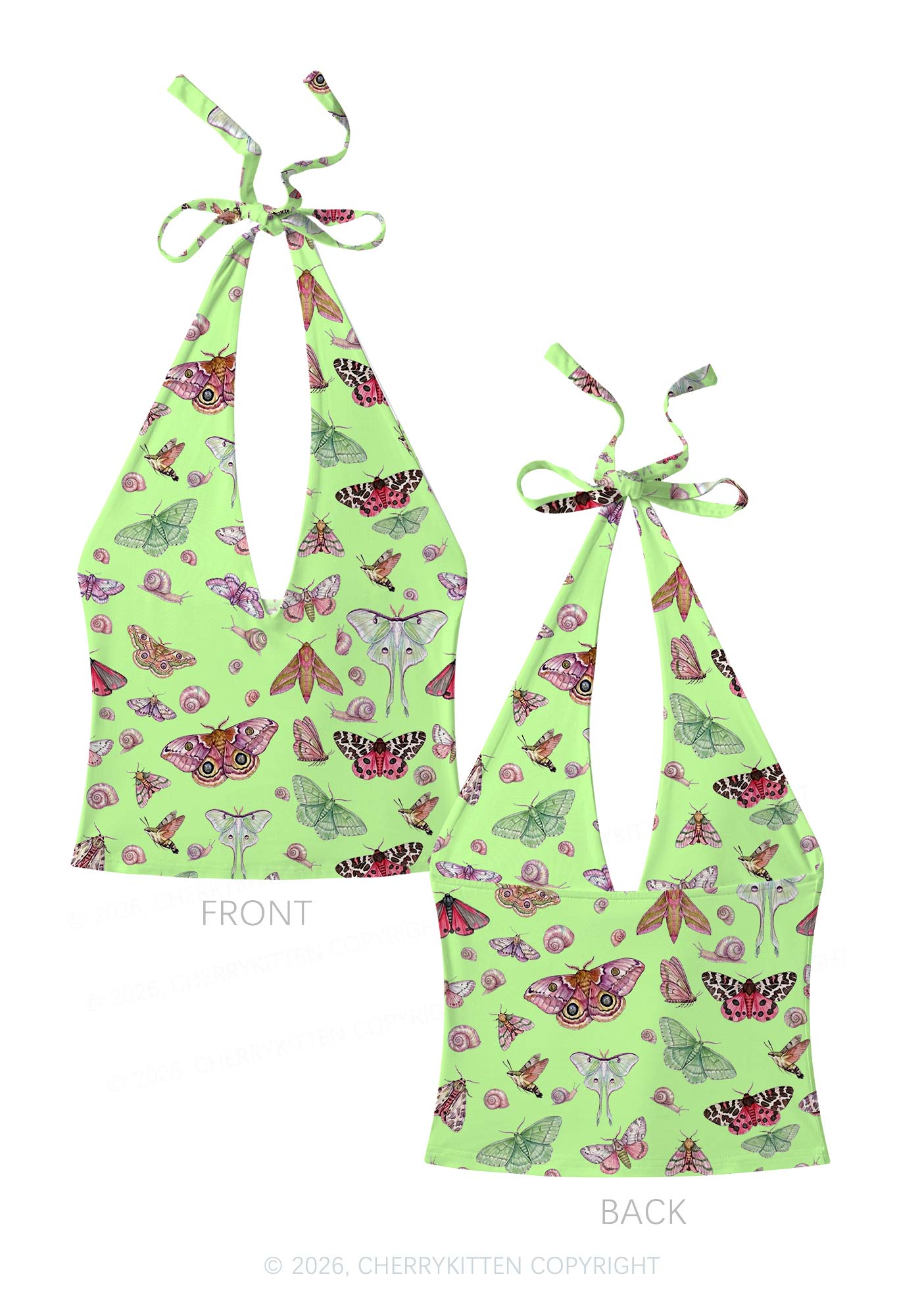Lime Green Moth Snail Y2K Print Halter Deep V Neck Cami Cherrykitten