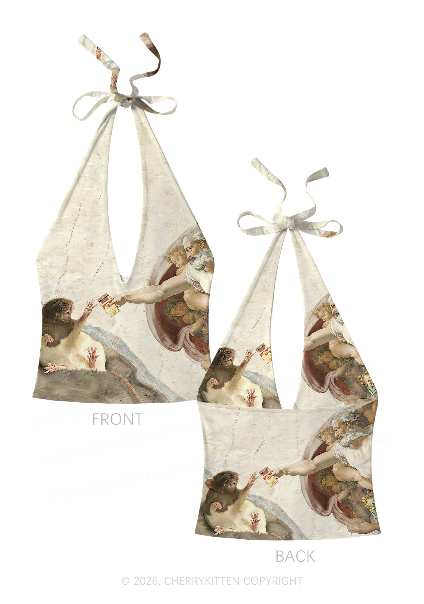 God And Rat Y2K Print Halter Deep V Neck Cami Cherrykitten