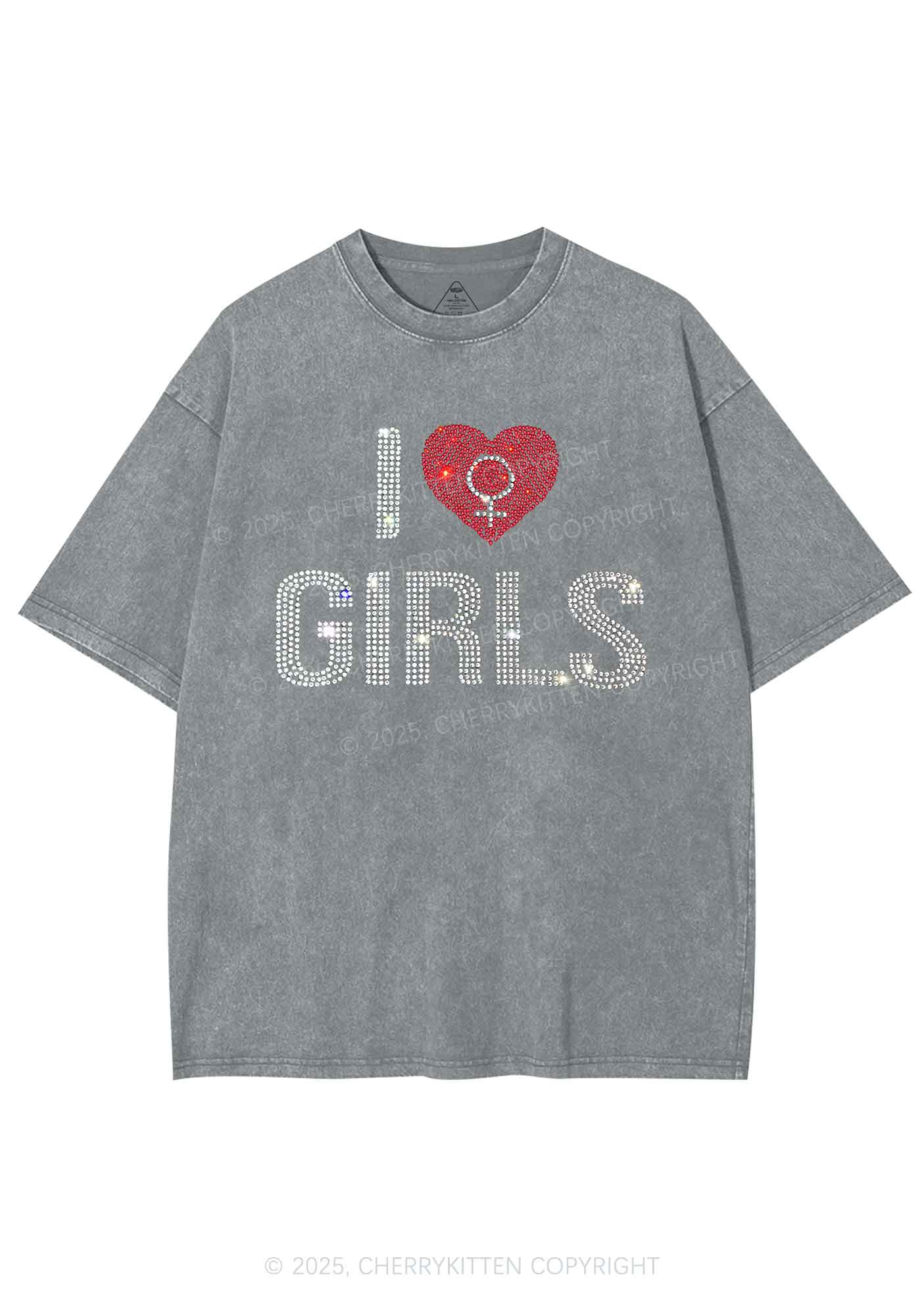 Rhinestone I Love Girls Pride Y2K Shirts Washed Tee Cherrykitten