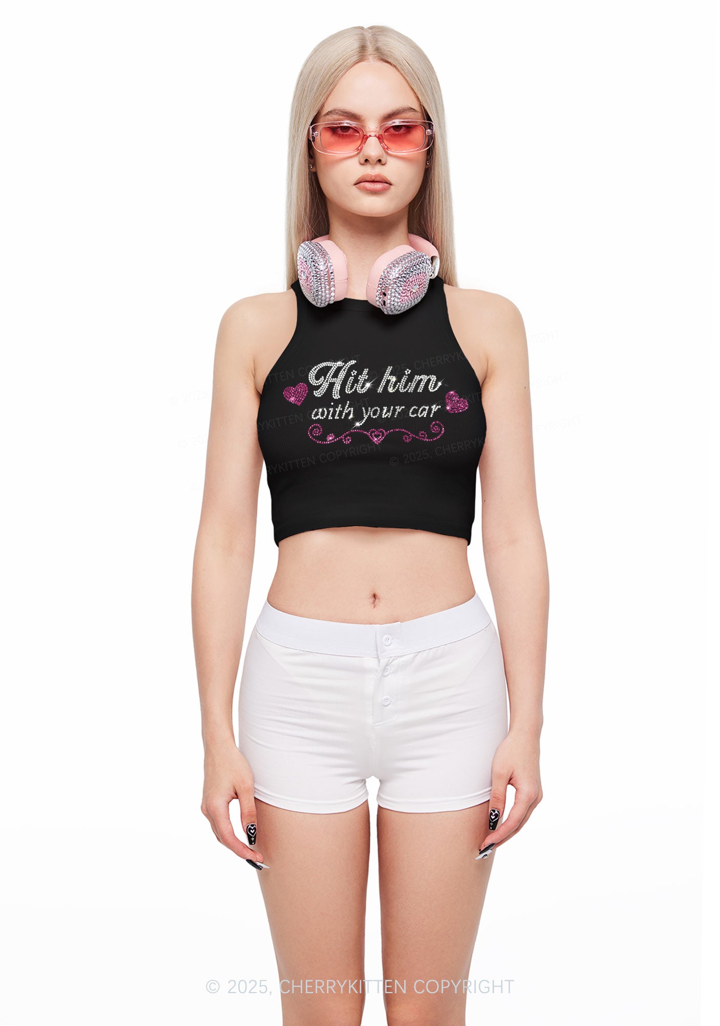 Rhinestone Hit Him Y2K Crop Tank Top Cherrykitten