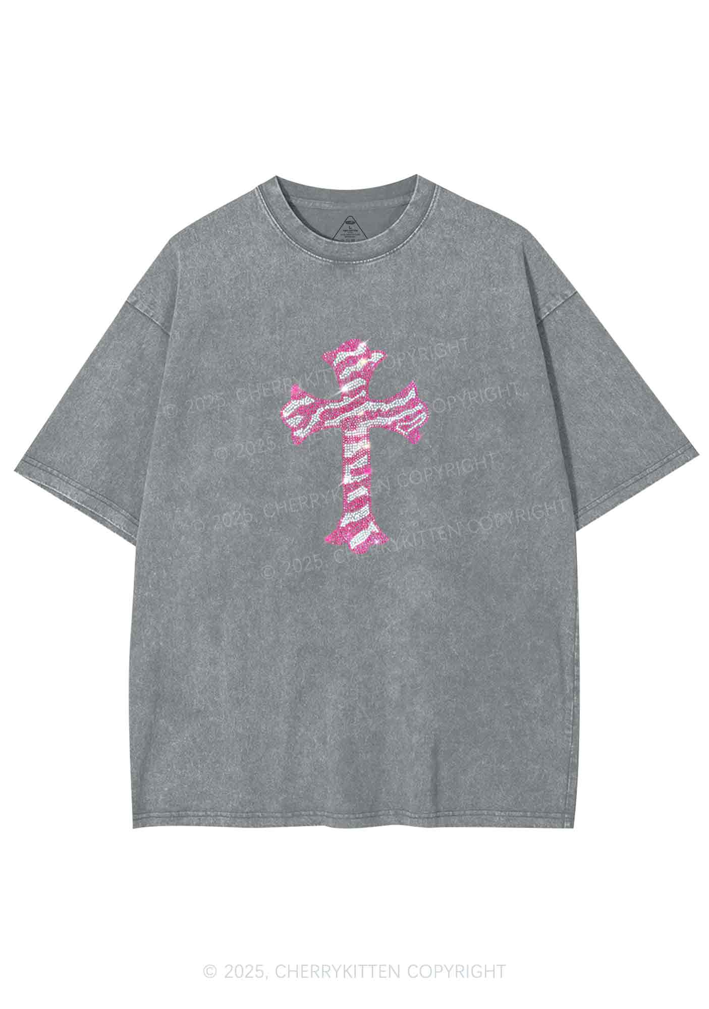 Rhinestone Pink Cross Y2K Shirts Washed Tee Cherrykitten