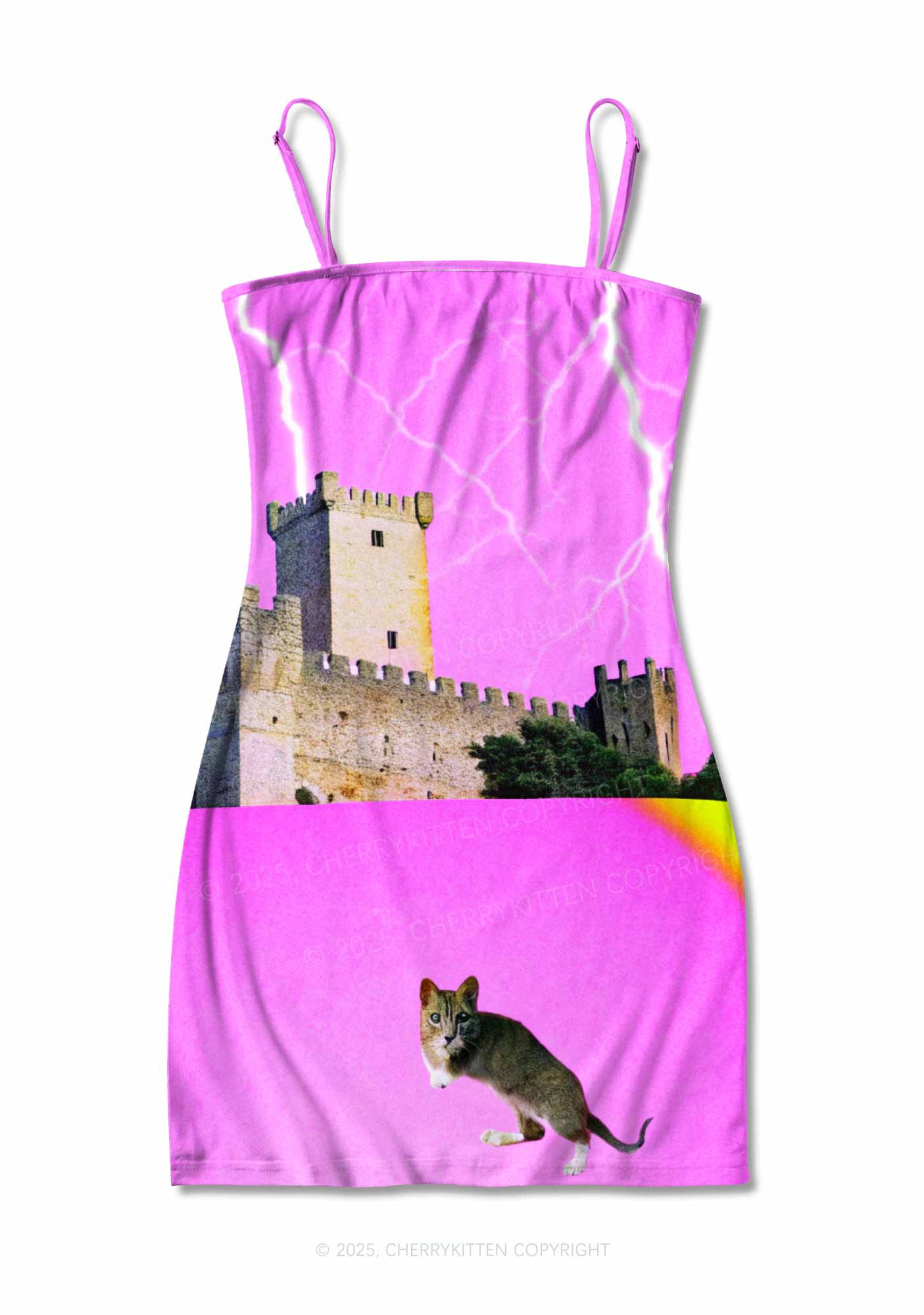 Cat Castle Lightning Y2K Print Slip Dress Cherrykitten