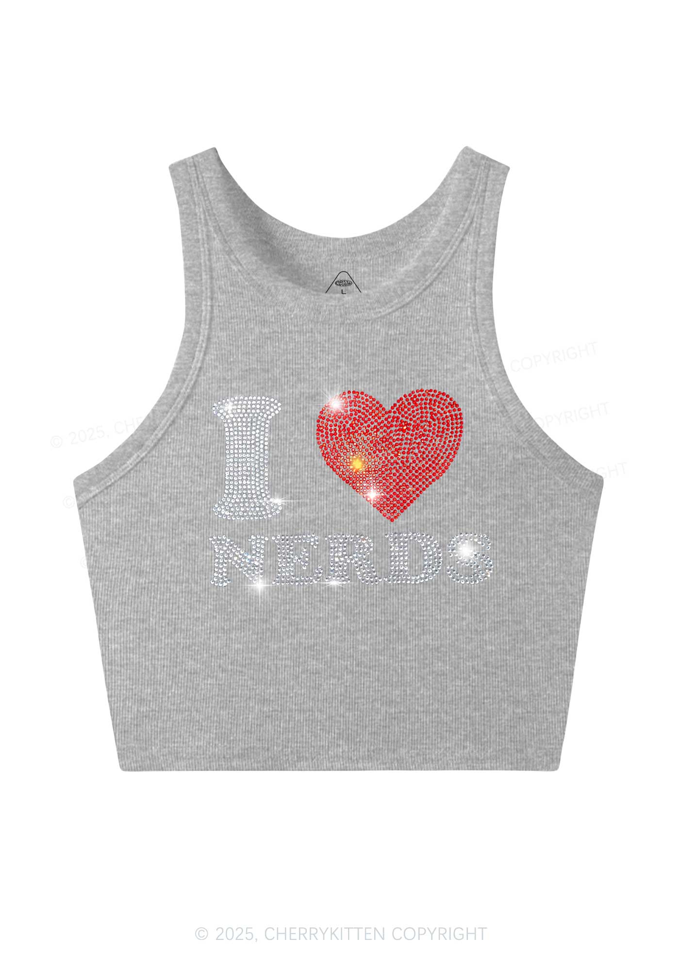 Rhinestone I Love Nerds Y2K Crop Tank Top Cherrykitten