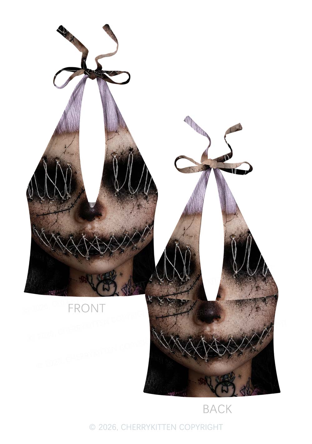 Halloween Metal Wire Face Y2K Print Halter Deep V Neck Cami Cherrykitten