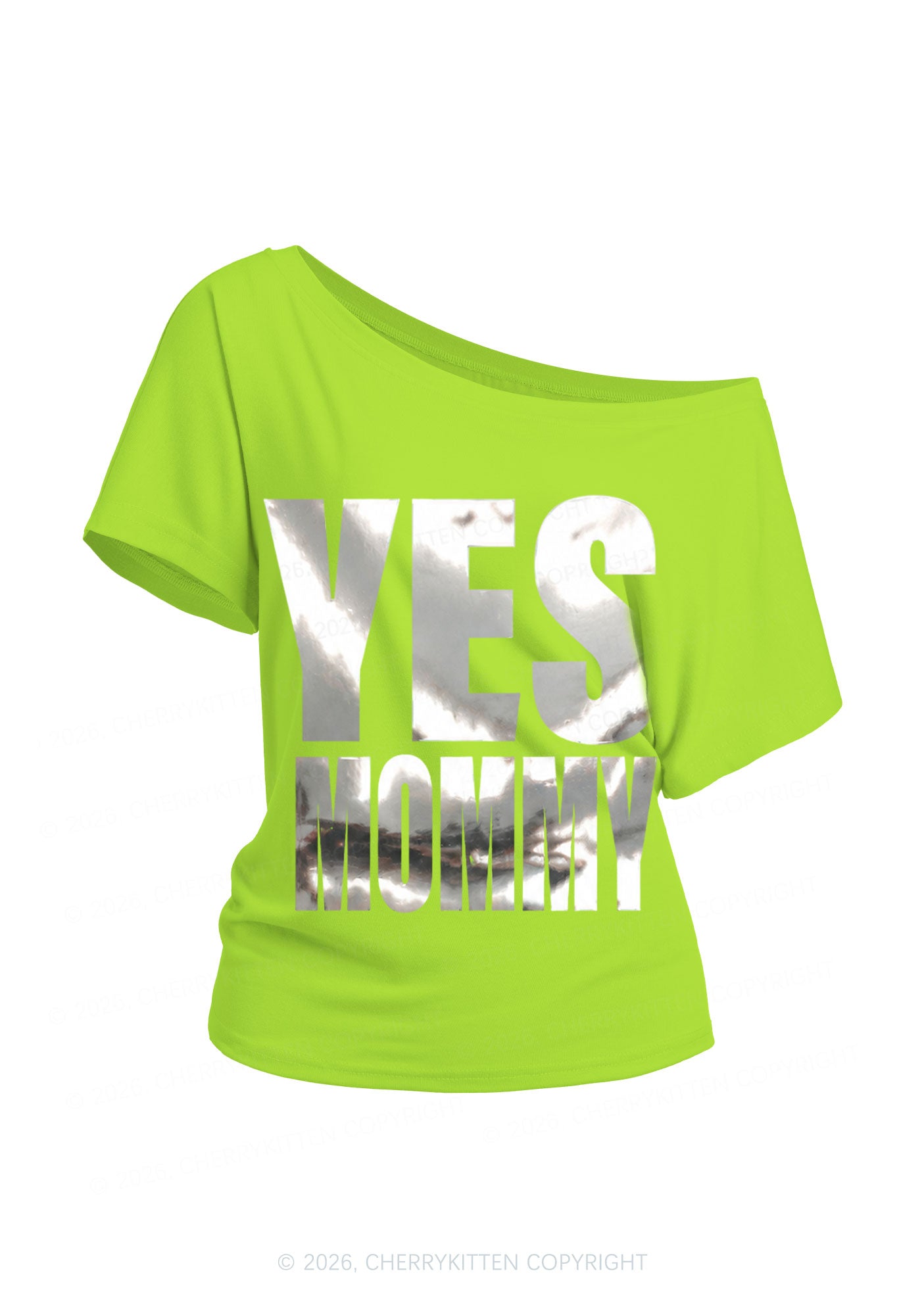 Yes Mommy Silver Foil Printed Y2K Off Shoulder Tee Cherrykitten