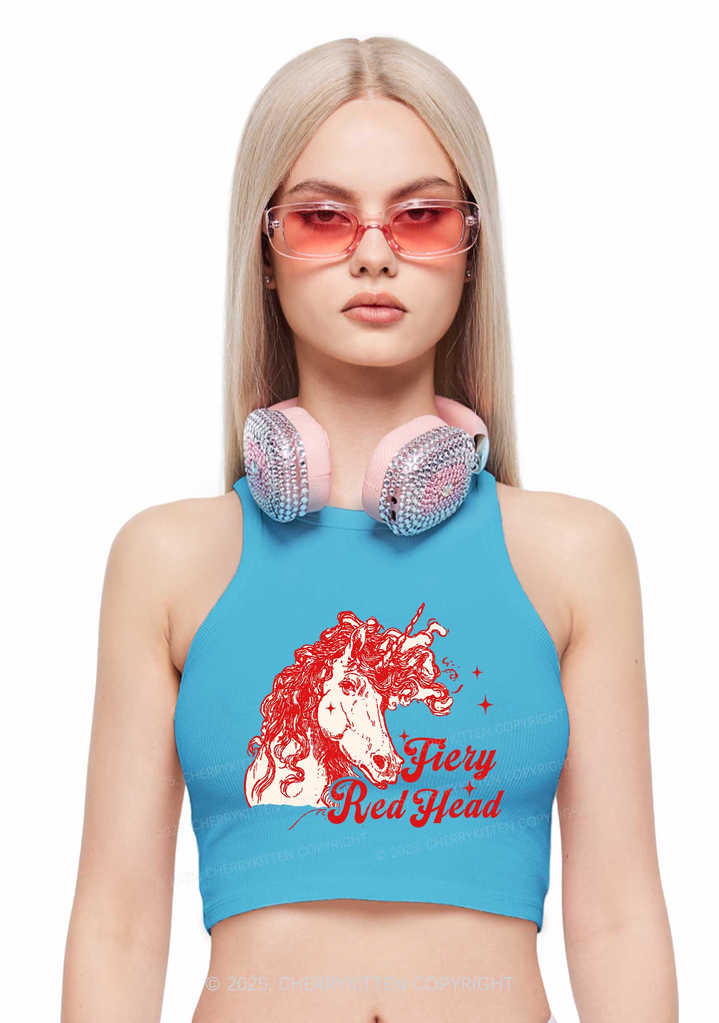 Fiery Red Head Y2K Crop Tank Top Cherrykitten