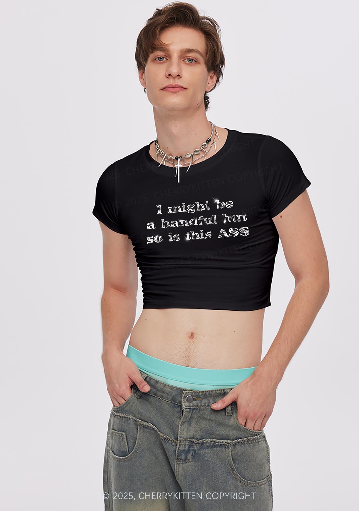 Rhinestone I Might Be Handful Y2K Baby Tee Cherrykitten