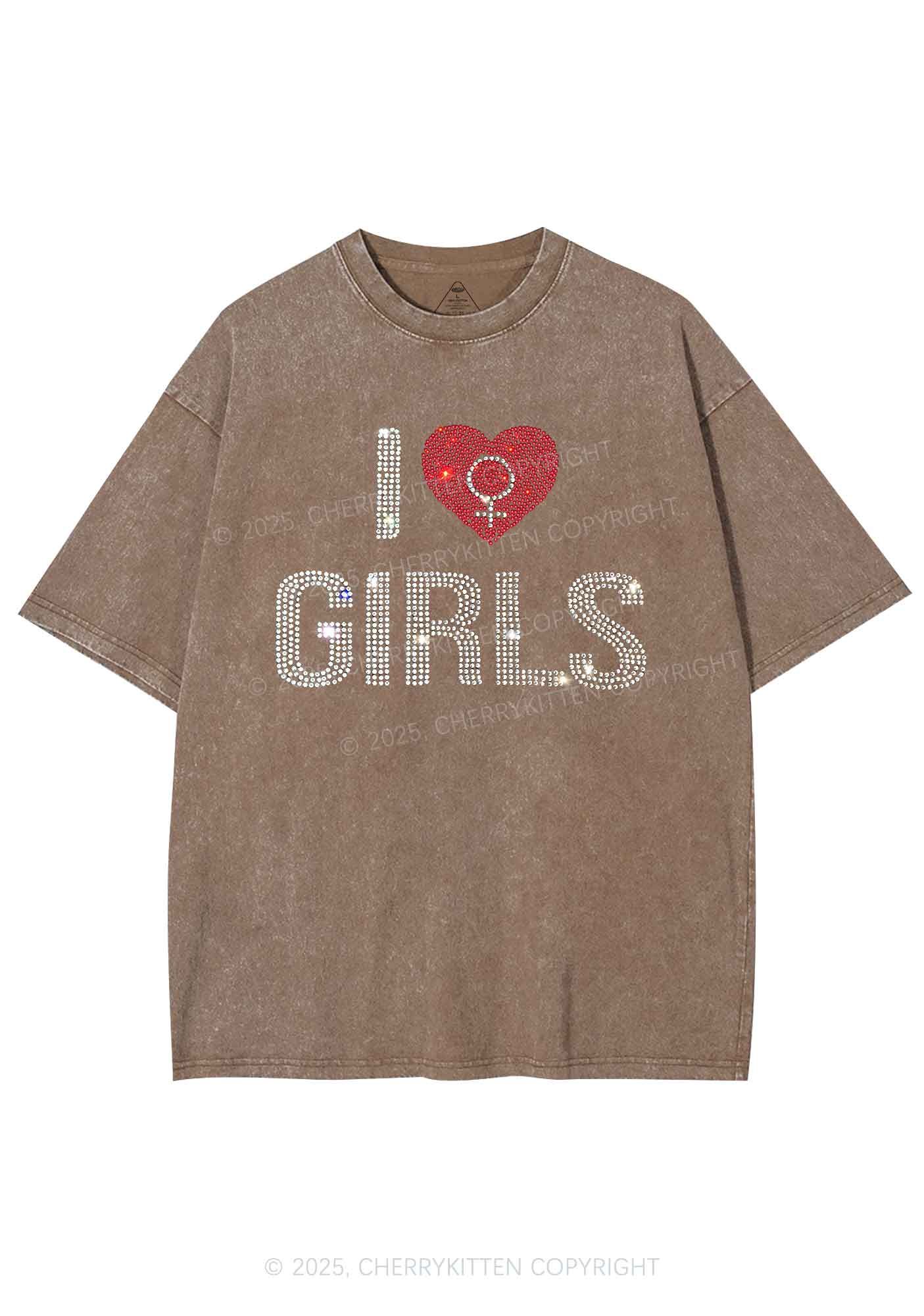 Rhinestone I Love Girls Pride Y2K Shirts Washed Tee Cherrykitten