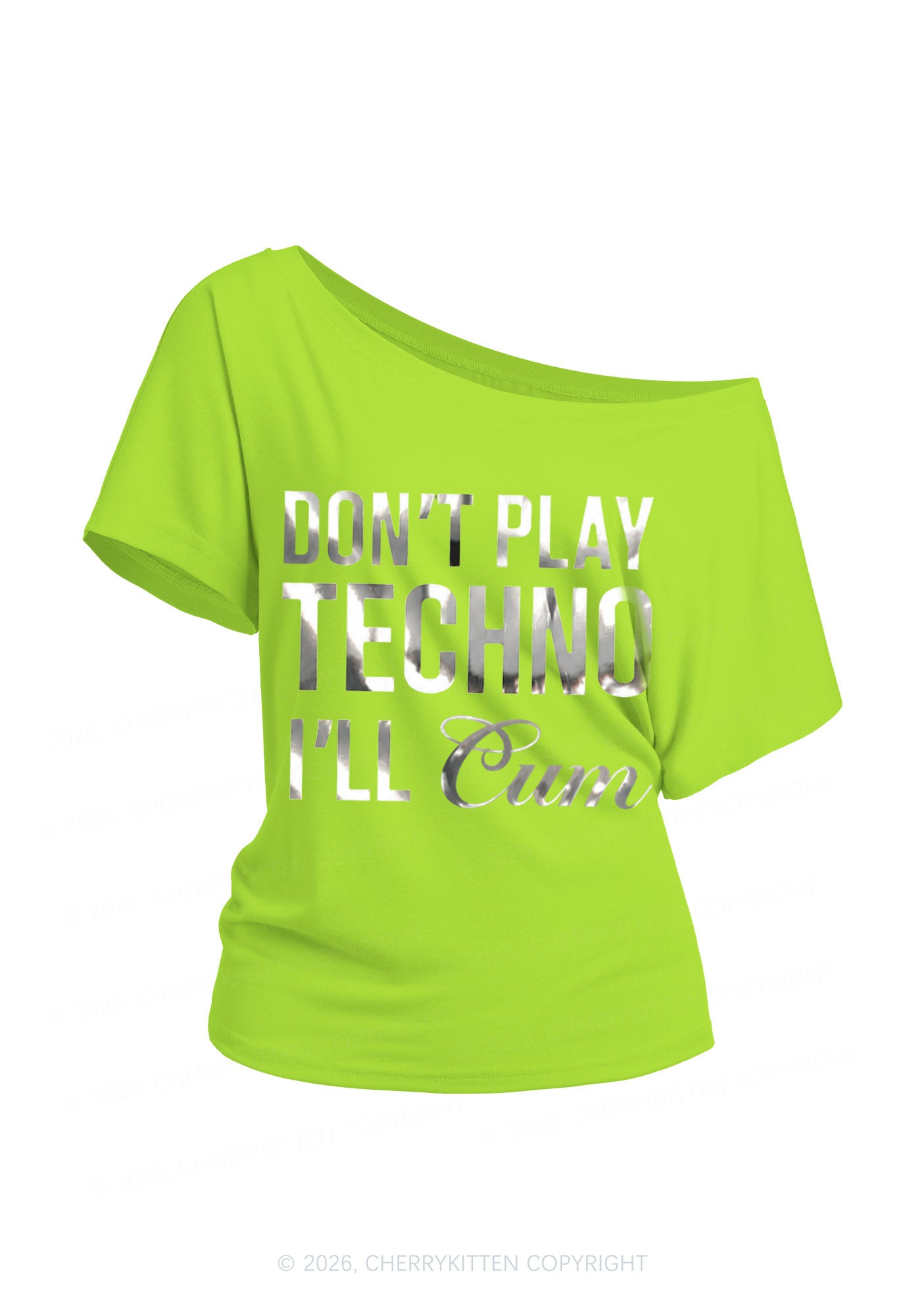 Dont Play Techno Silver Foil Printed Y2K Off Shoulder Tee Cherrykitten