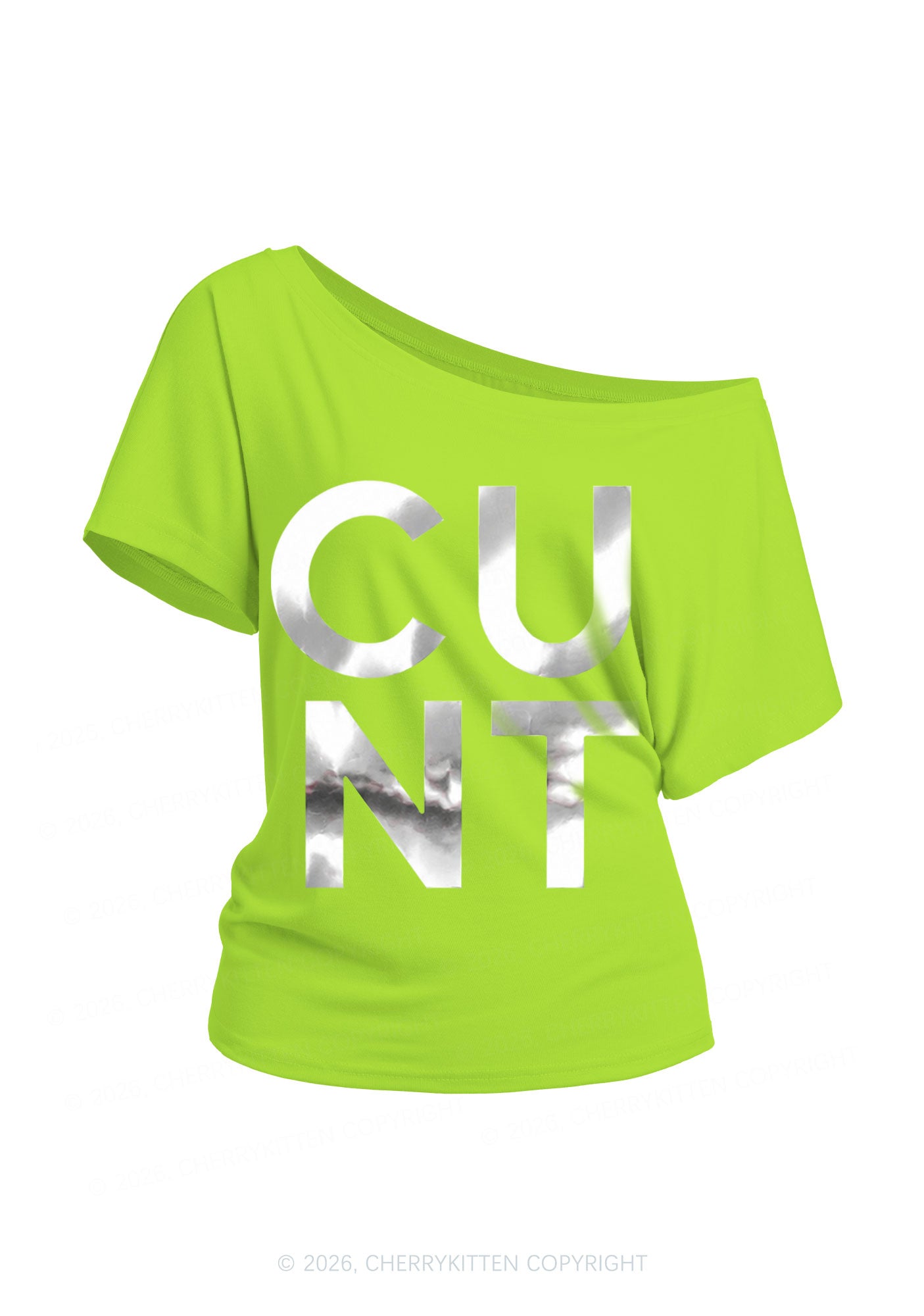 Cxxt Silver Foil Printed Y2K Off Shoulder Tee Cherrykitten
