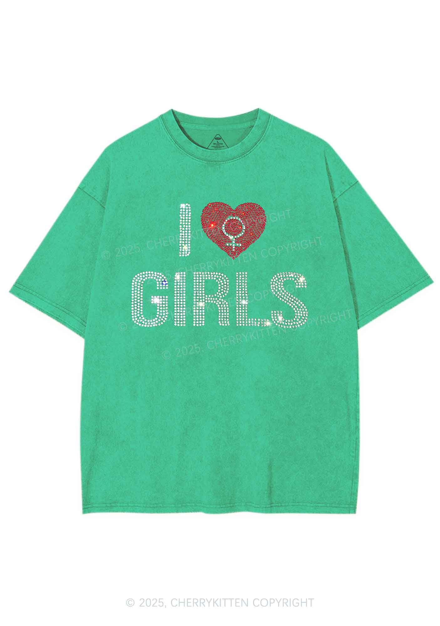 Rhinestone I Love Girls Pride Y2K Shirts Washed Tee Cherrykitten