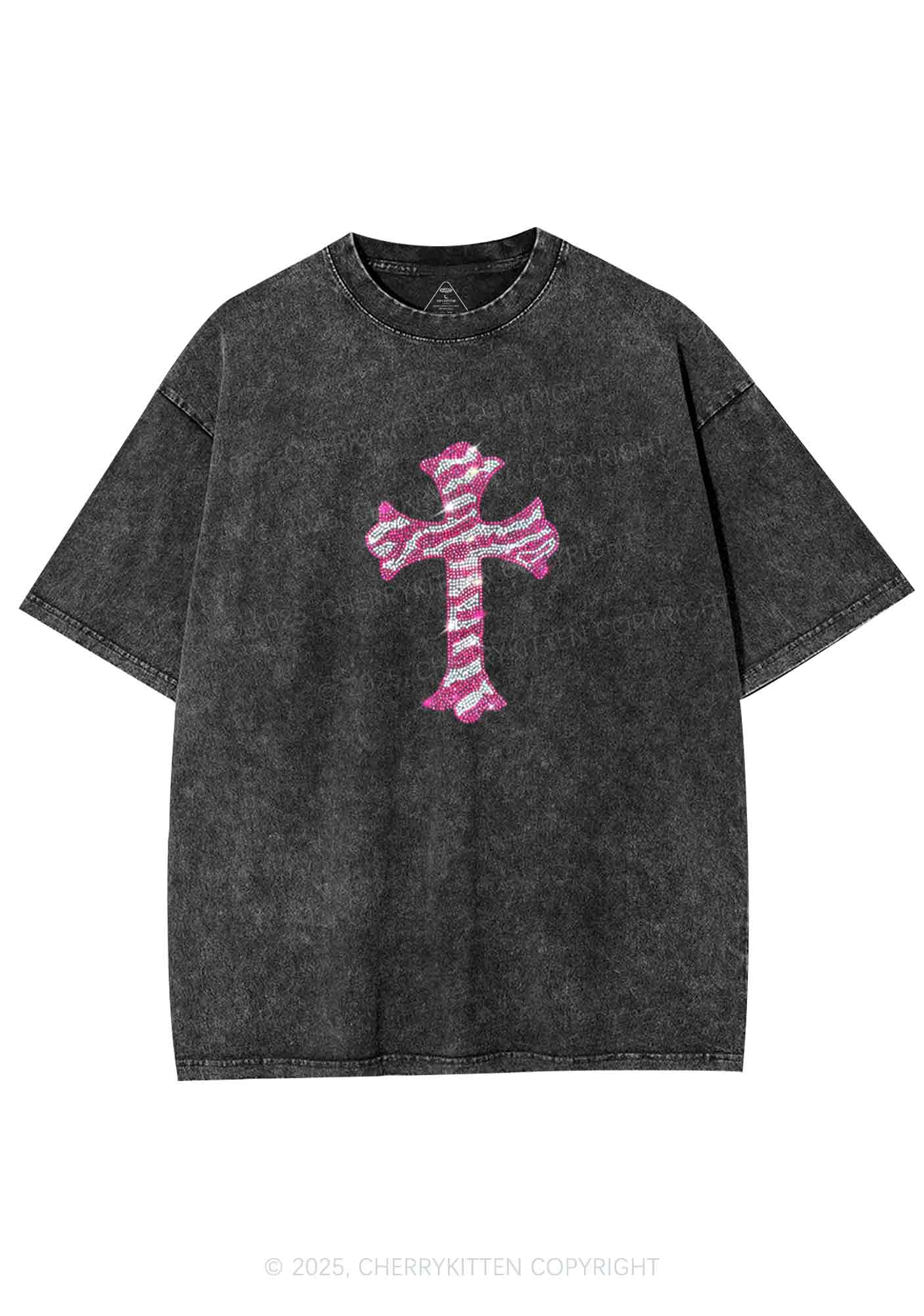Rhinestone Pink Cross Y2K Shirts Washed Tee Cherrykitten