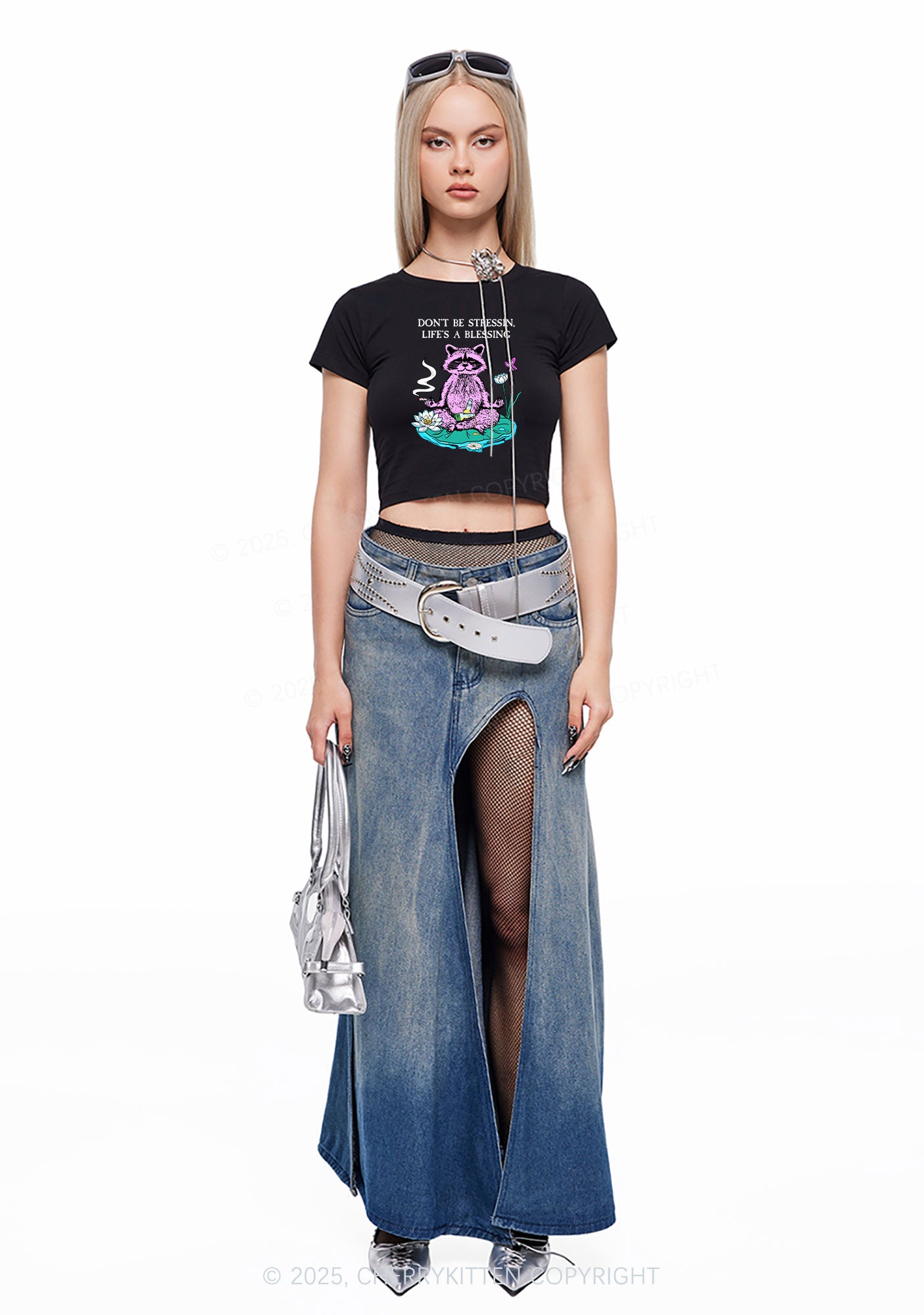 Dont Stress Raccoon Y2K Baby Tee Cherrykitten