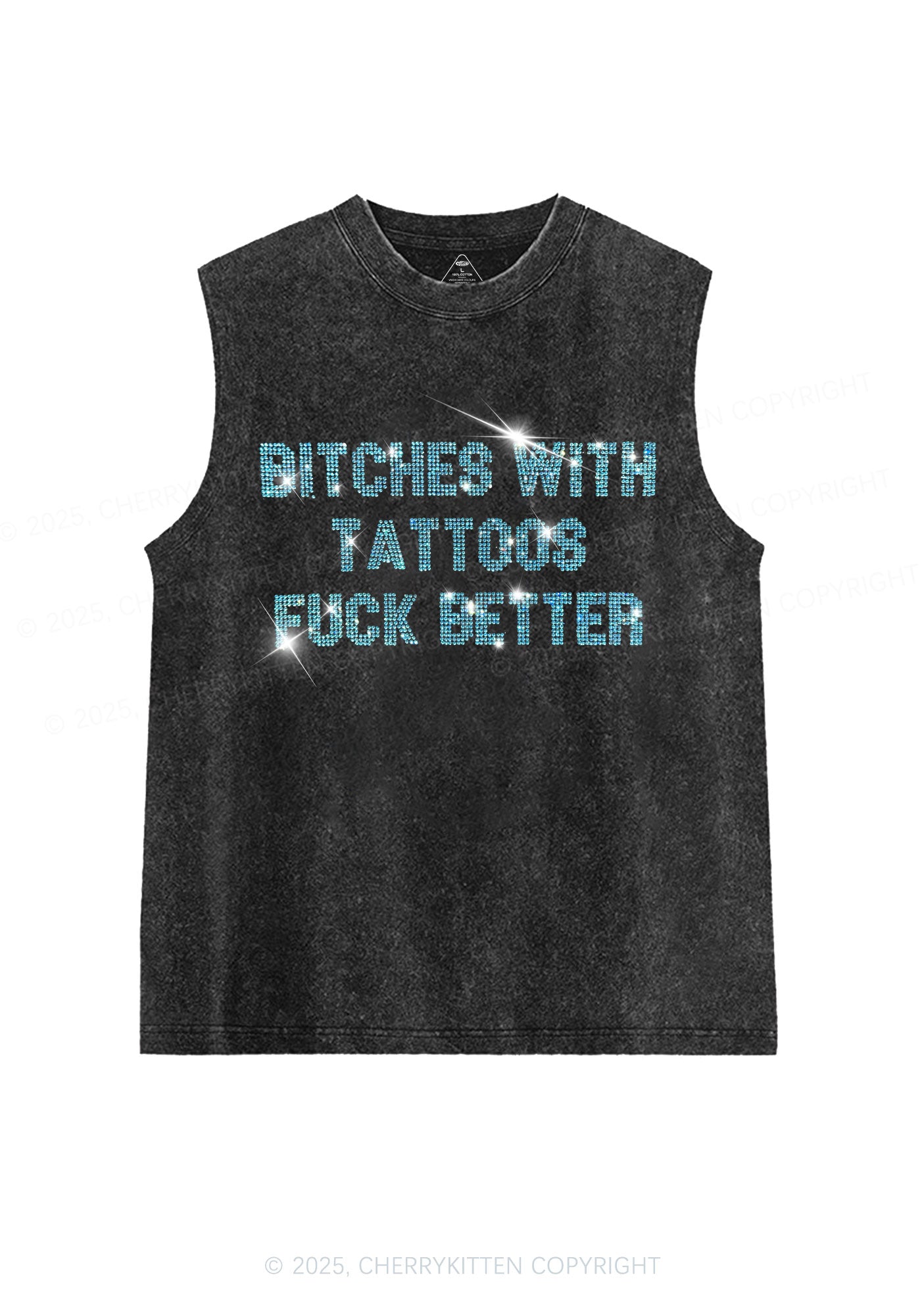 Rhinestone Bxxches With Tattoos Fxxk Better Y2K Washed Muscle Tank Cherrykitten
