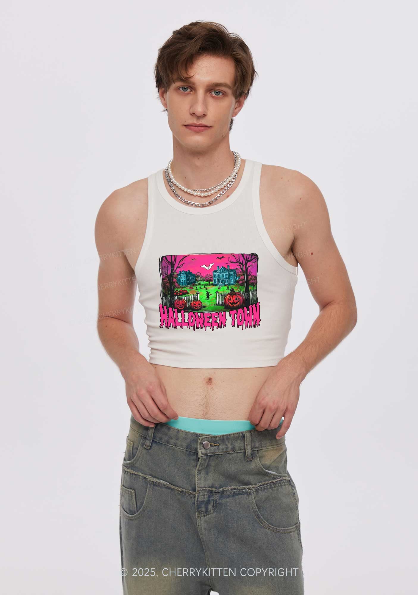 Halloween Pumpkin Town Y2K Crop Tank Top Cherrykitten