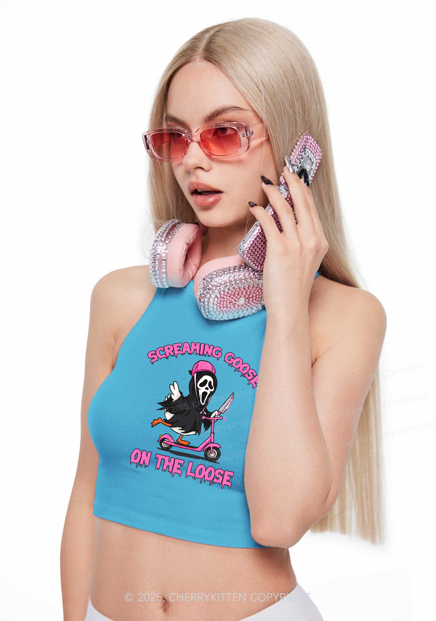 Halloween Screaming Goose On Loose Y2K Crop Tank Top Cherrykitten