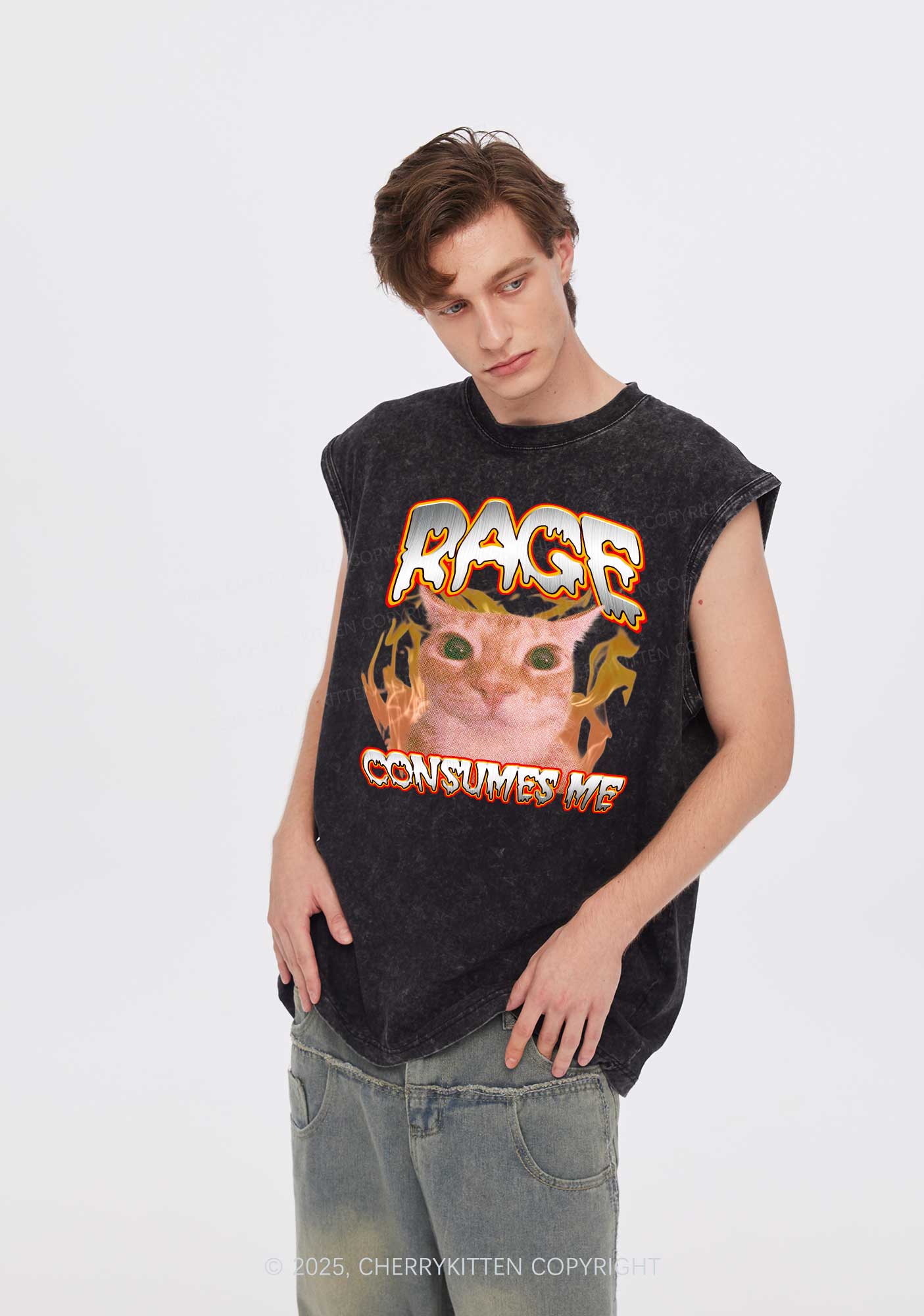 Rage Consumes Me Cat Y2K Washed Muscle Tank Cherrykitten