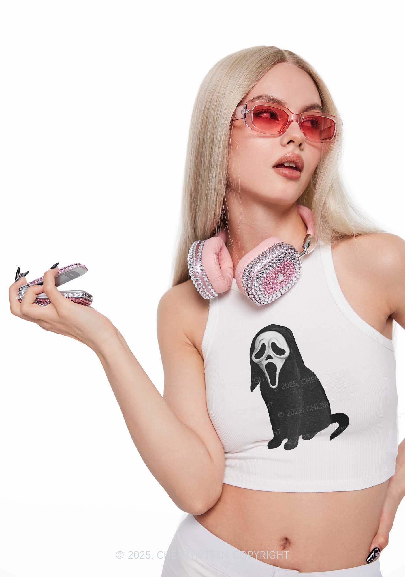 Halloween Ghostcat Y2K Crop Tank Top Cherrykitten