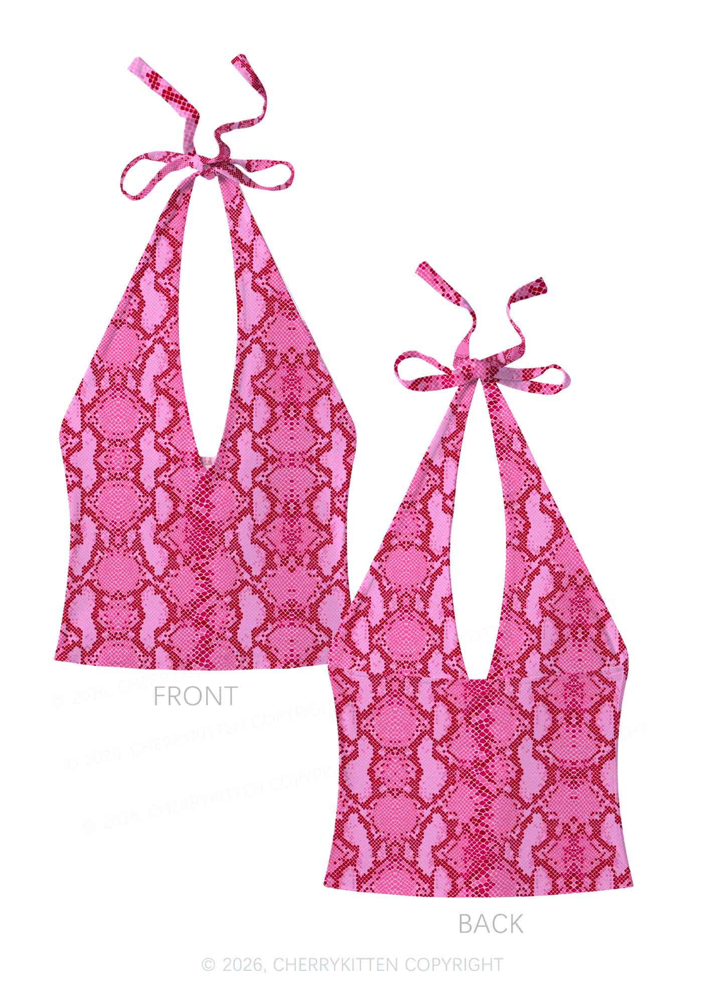 Hot Pink Snake Skin Pattern Y2K Print Halter Deep V Neck Cami Cherrykitten