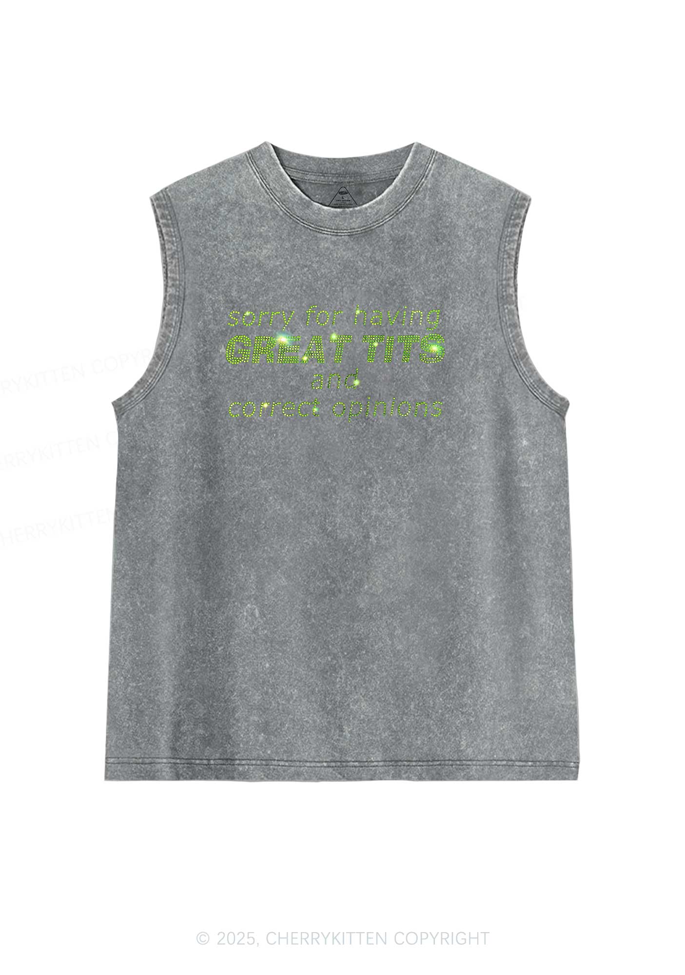 Rhinestone Sorry For Having Correct Opinions Y2K Washed Muscle Tank Cherrykitten