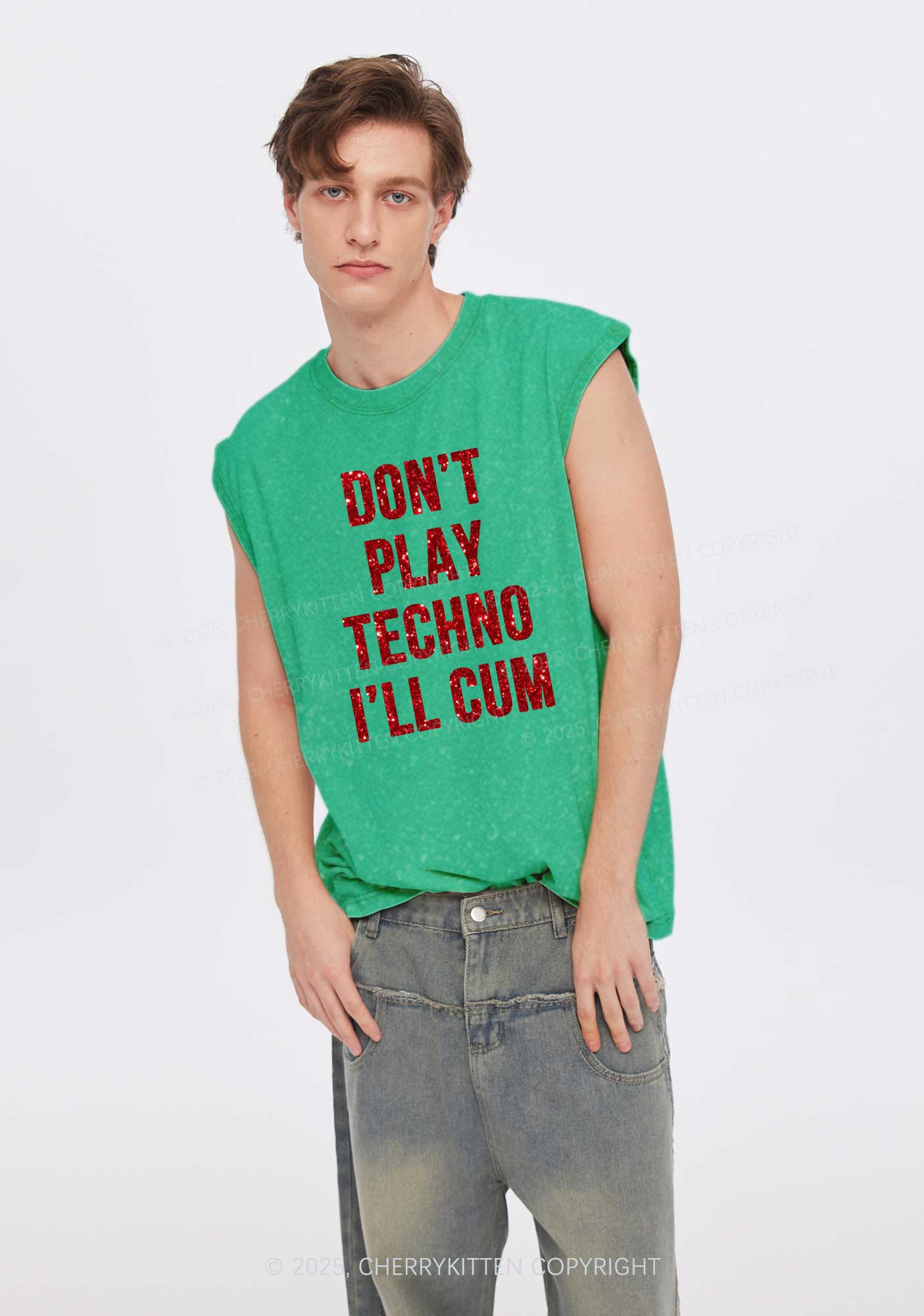 Glitter Dont Play Techno Y2K Washed Muscle Tank Cherrykitten