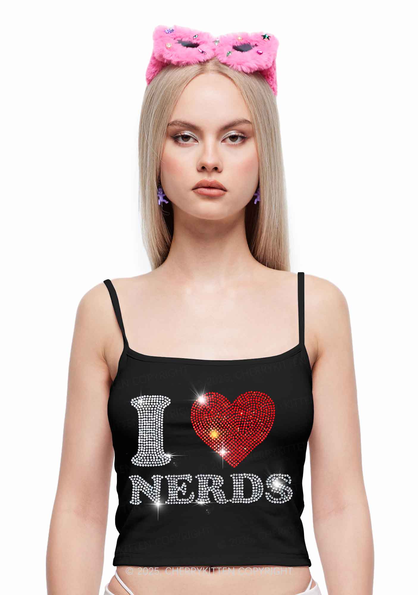 Rhinestone I Love Nerds Y2K Spaghetti Strap Cami Cherrykitten