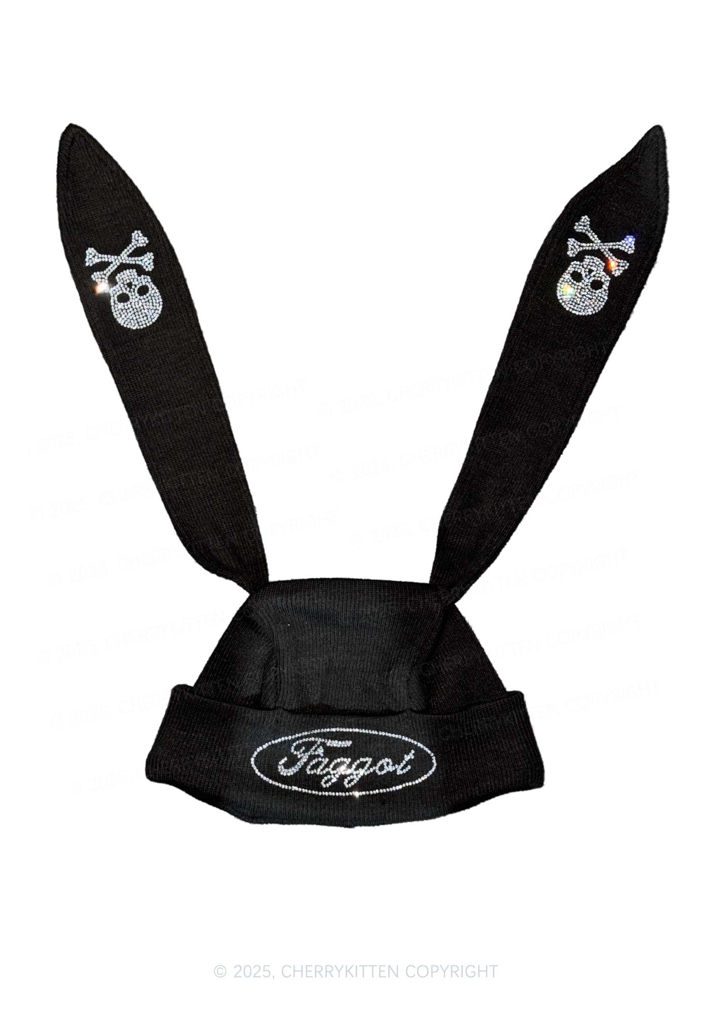 Rhinestone Faggot Pride Y2K Bunny Ear Knitted Hat Cherrykitten