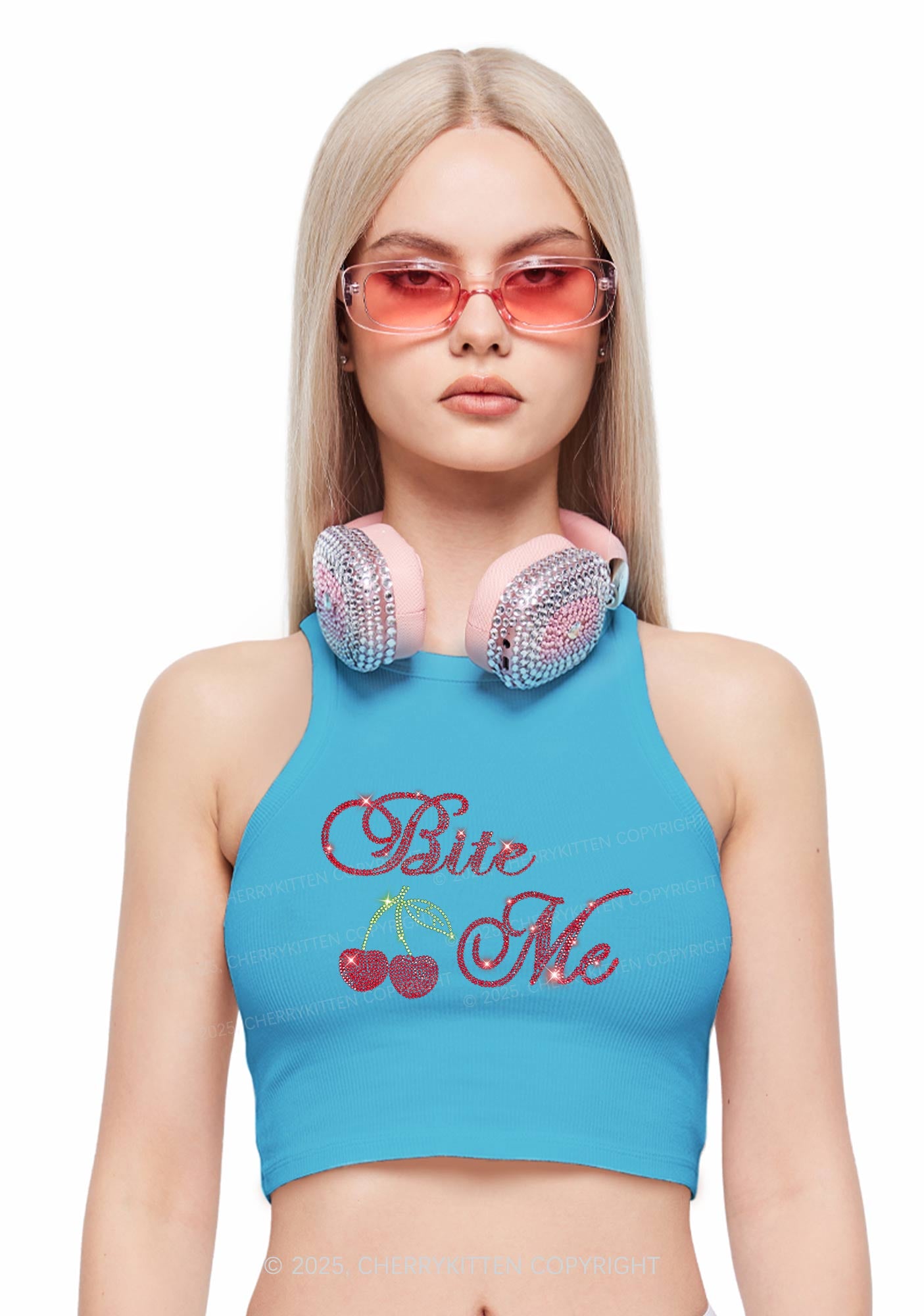 Rhinestone Red Cherry Bite Me Y2K Crop Tank Top Cherrykitten