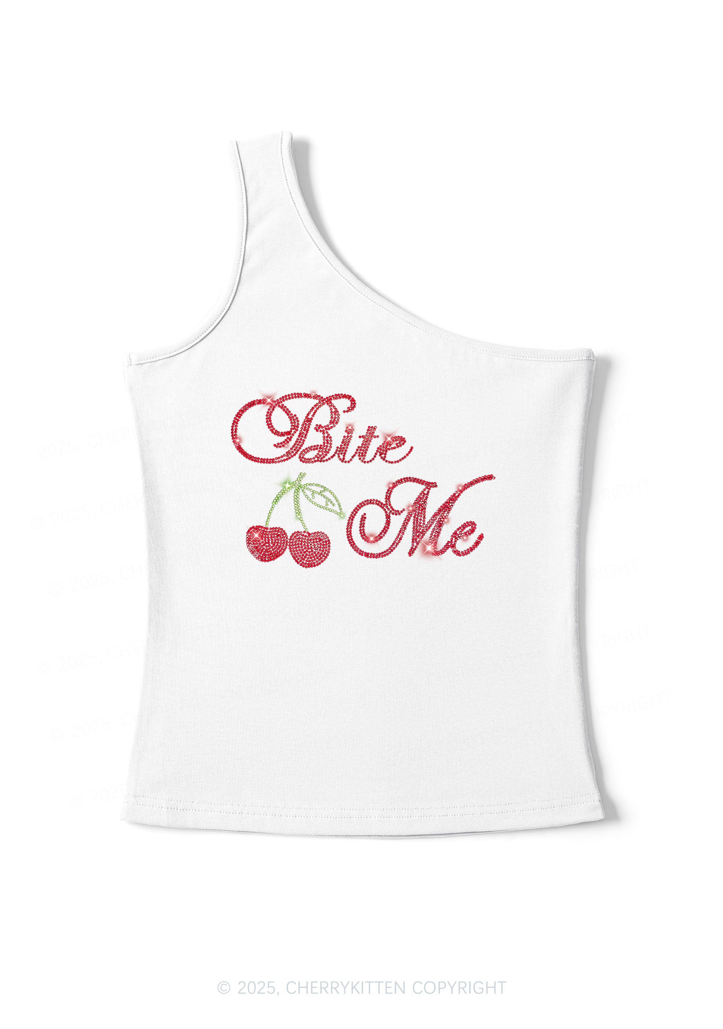 Rhinestone Red Cherry Bite Me Y2K One Shoulder Tank Top Cherrykitten